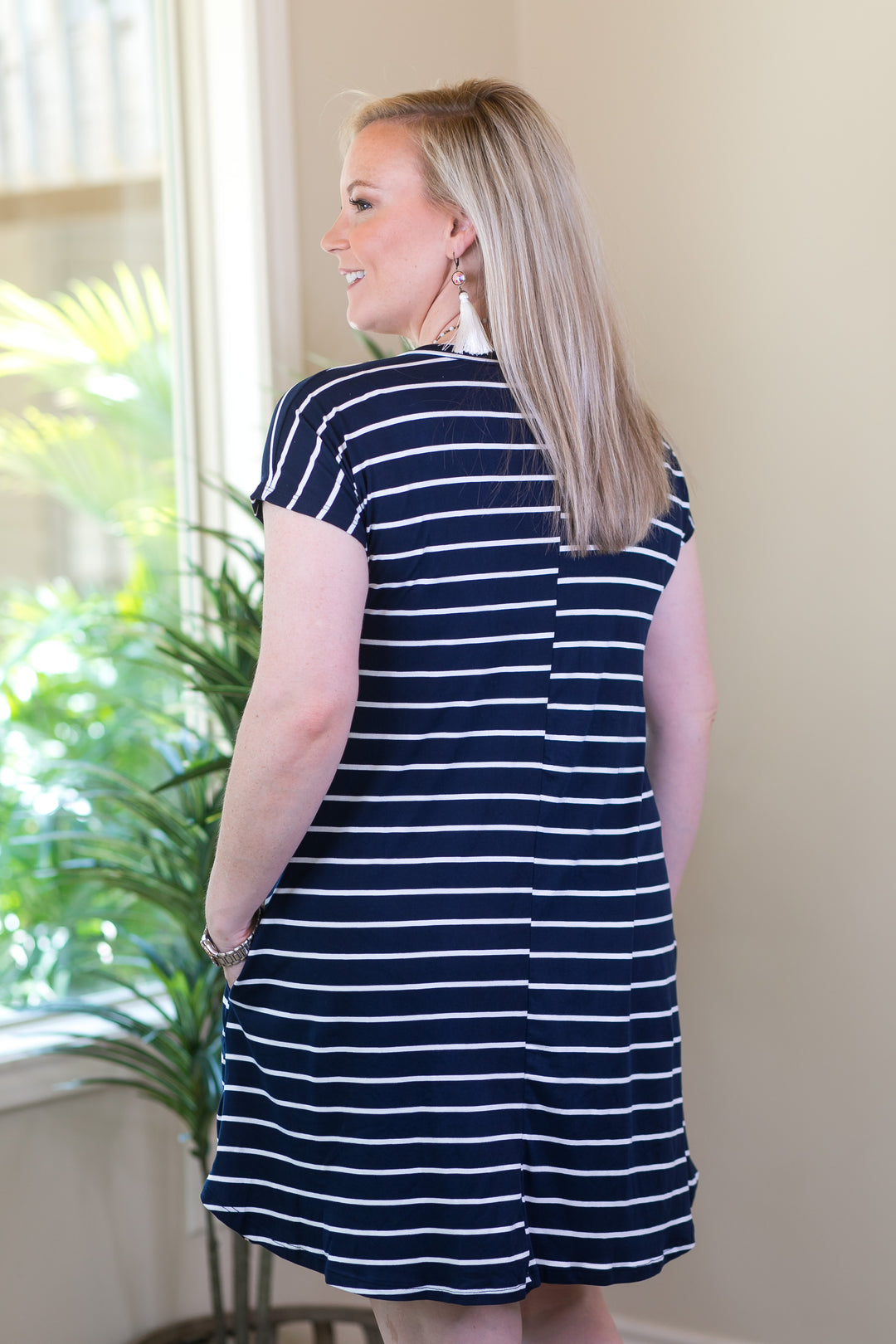 Beyond Reason Stripe Tee Shirt Dress in Navy Blue - Giddy Up Glamour Boutique