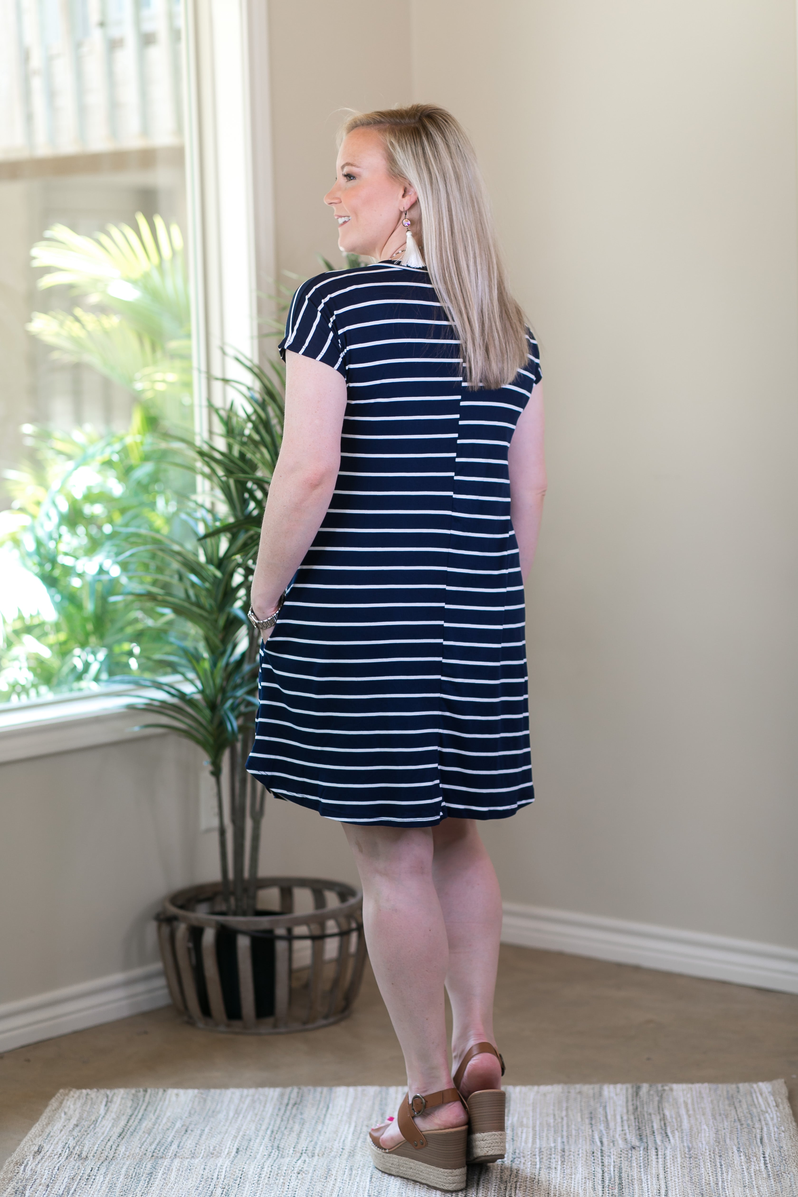Beyond Reason Stripe Tee Shirt Dress in Navy Blue - Giddy Up Glamour Boutique