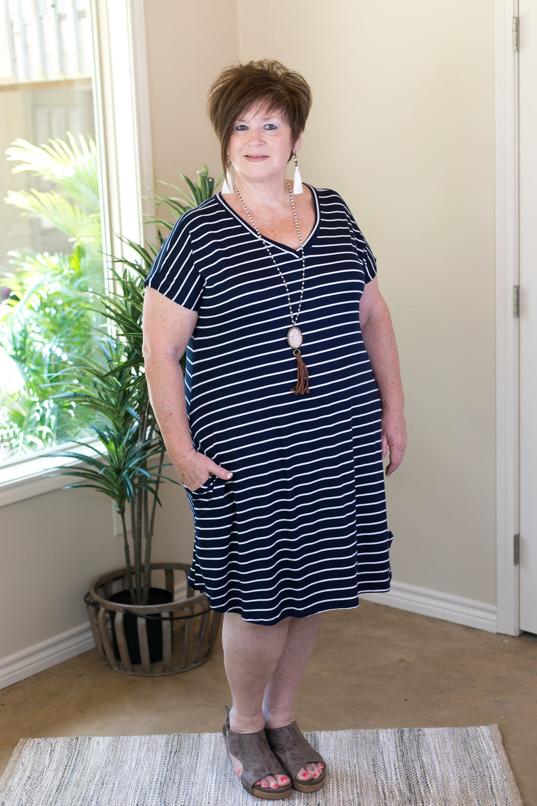 Beyond Reason Stripe Tee Shirt Dress in Navy Blue - Giddy Up Glamour Boutique