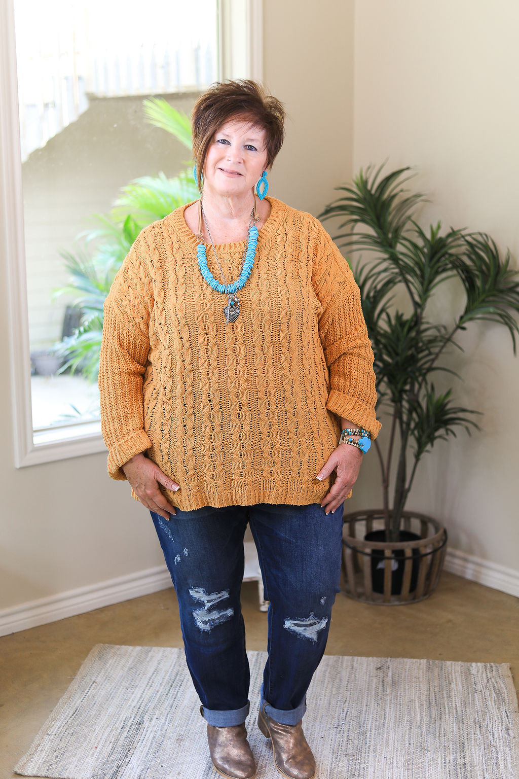On My Level Chenille Cable Knit Pullover Sweater in Mustard Yellow - Giddy Up Glamour Boutique