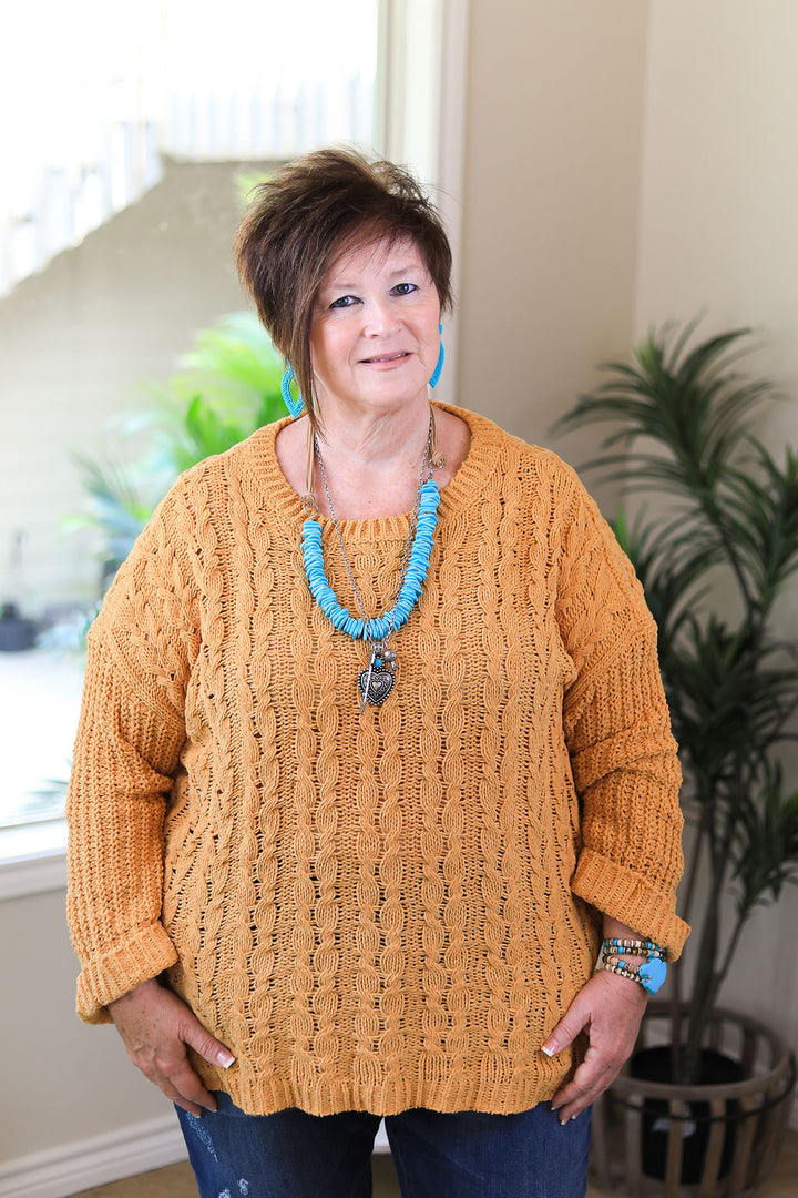 On My Level Chenille Cable Knit Pullover Sweater in Mustard Yellow - Giddy Up Glamour Boutique