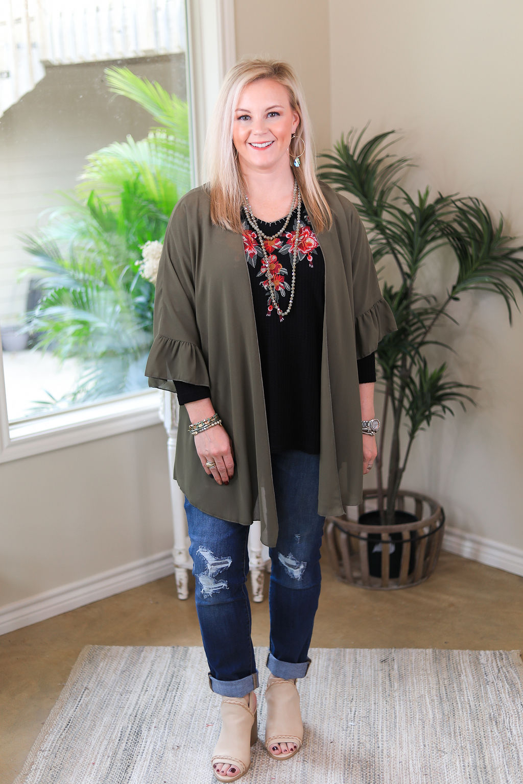 Tell Me About It Sheer Kimono with Ruffle Sleeves in Olive Green - Giddy Up Glamour Boutique