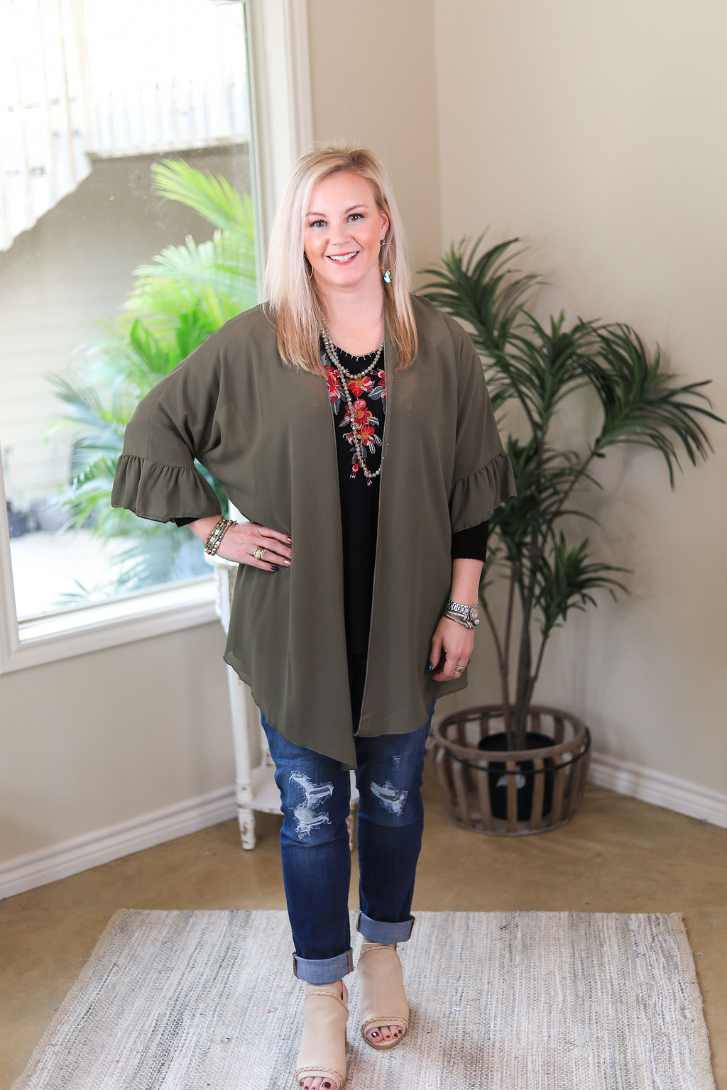 Tell Me About It Sheer Kimono with Ruffle Sleeves in Olive Green - Giddy Up Glamour Boutique