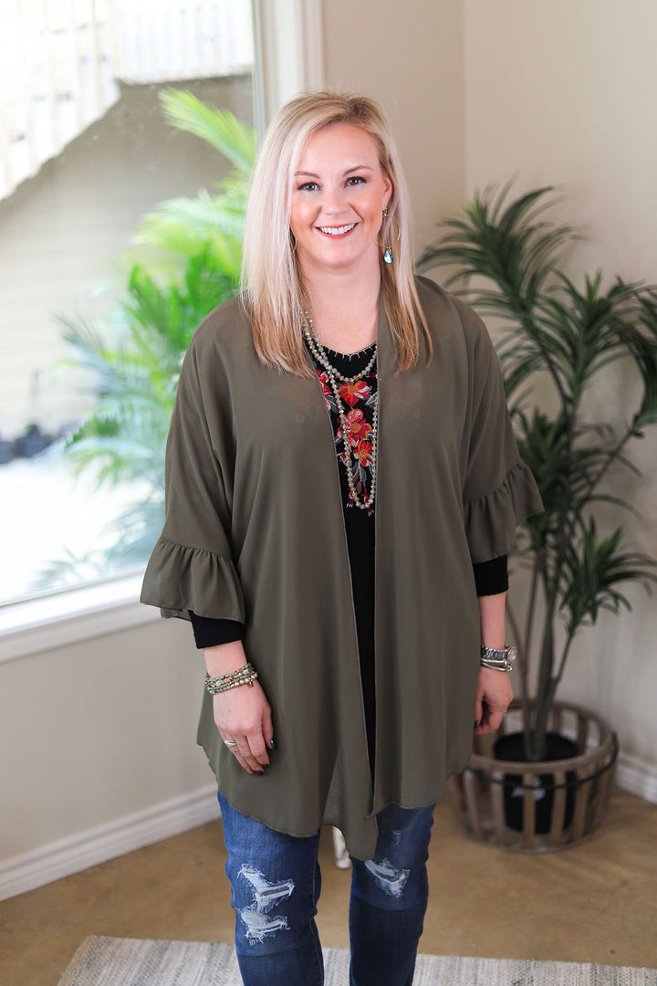 Tell Me About It Sheer Kimono with Ruffle Sleeves in Olive Green - Giddy Up Glamour Boutique