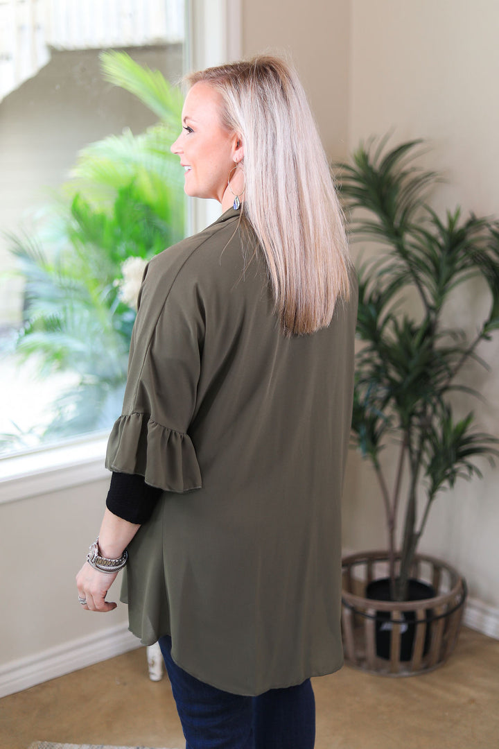 Tell Me About It Sheer Kimono with Ruffle Sleeves in Olive Green - Giddy Up Glamour Boutique
