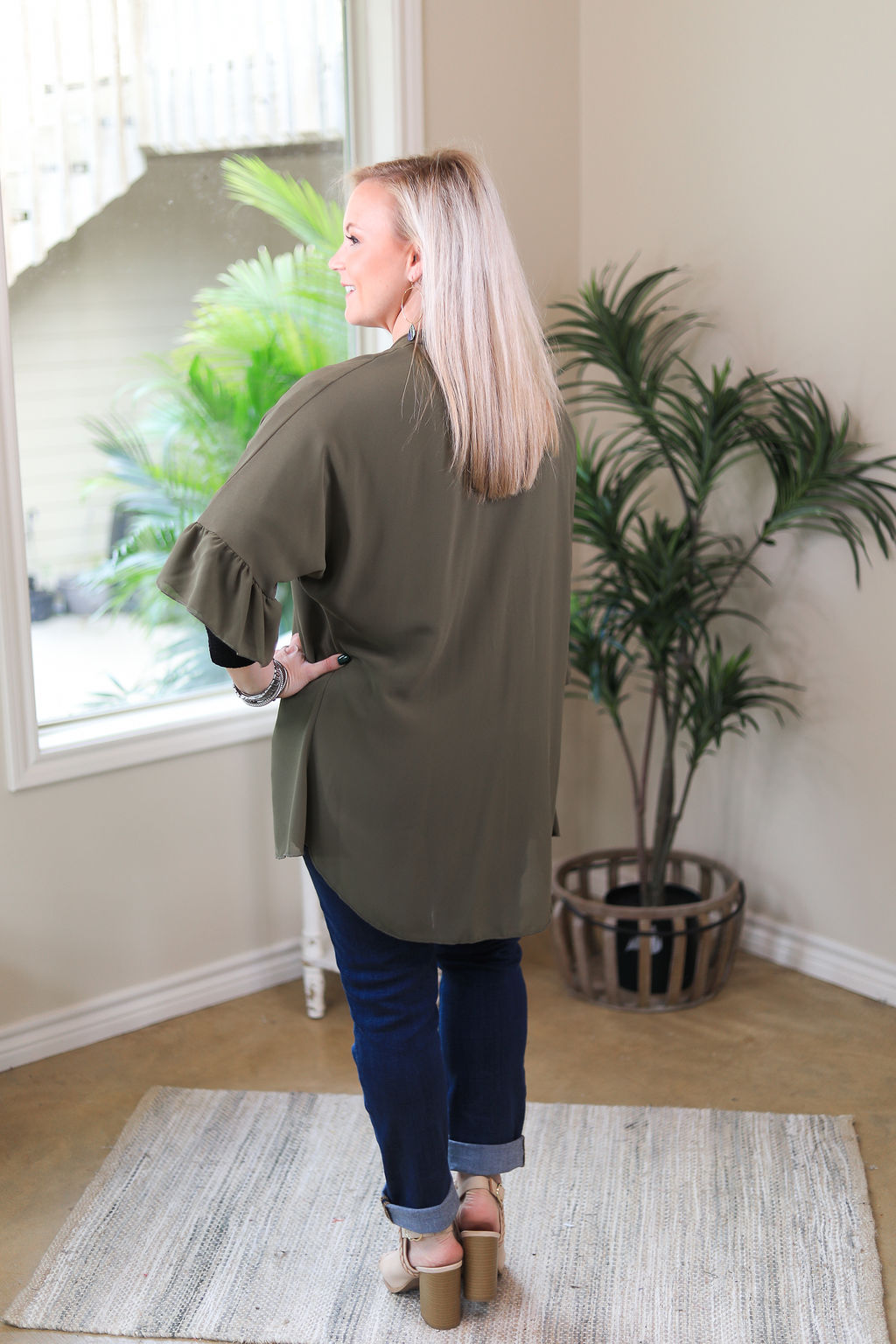 Tell Me About It Sheer Kimono with Ruffle Sleeves in Olive Green - Giddy Up Glamour Boutique