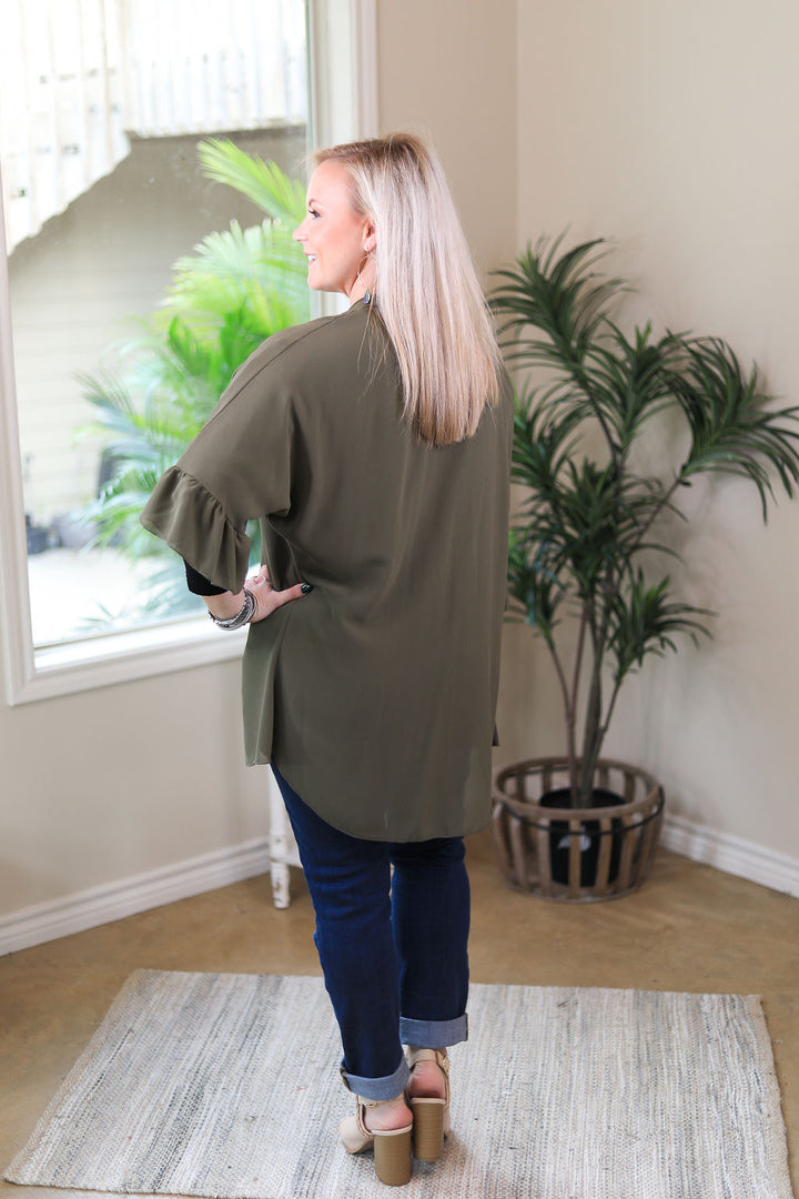 Tell Me About It Sheer Kimono with Ruffle Sleeves in Olive Green - Giddy Up Glamour Boutique