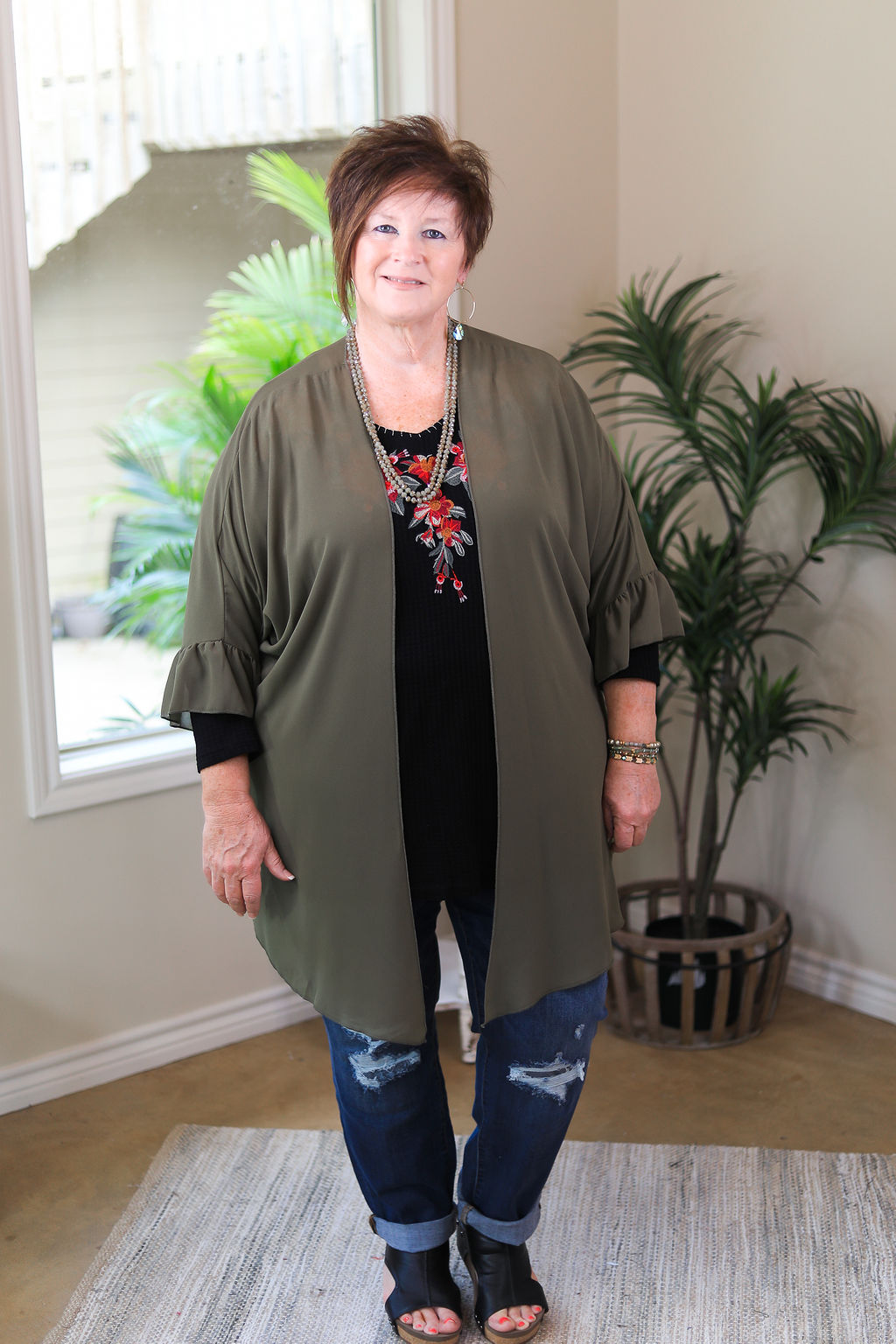 Tell Me About It Sheer Kimono with Ruffle Sleeves in Olive Green - Giddy Up Glamour Boutique