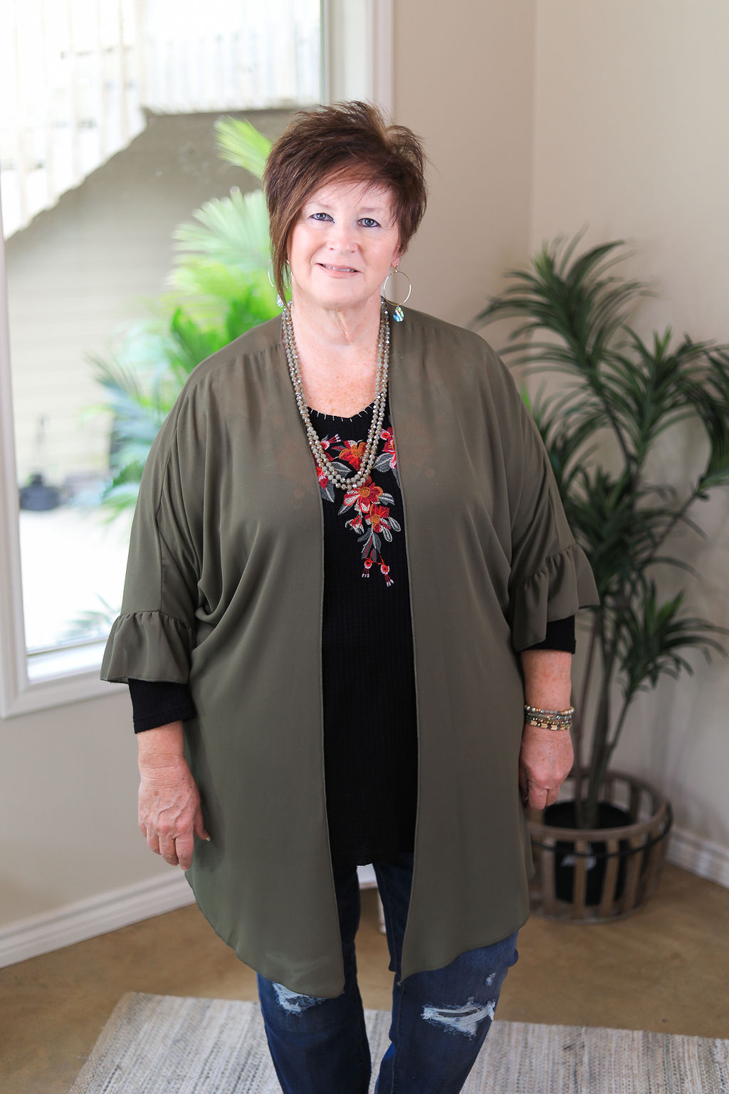 Tell Me About It Sheer Kimono with Ruffle Sleeves in Olive Green - Giddy Up Glamour Boutique