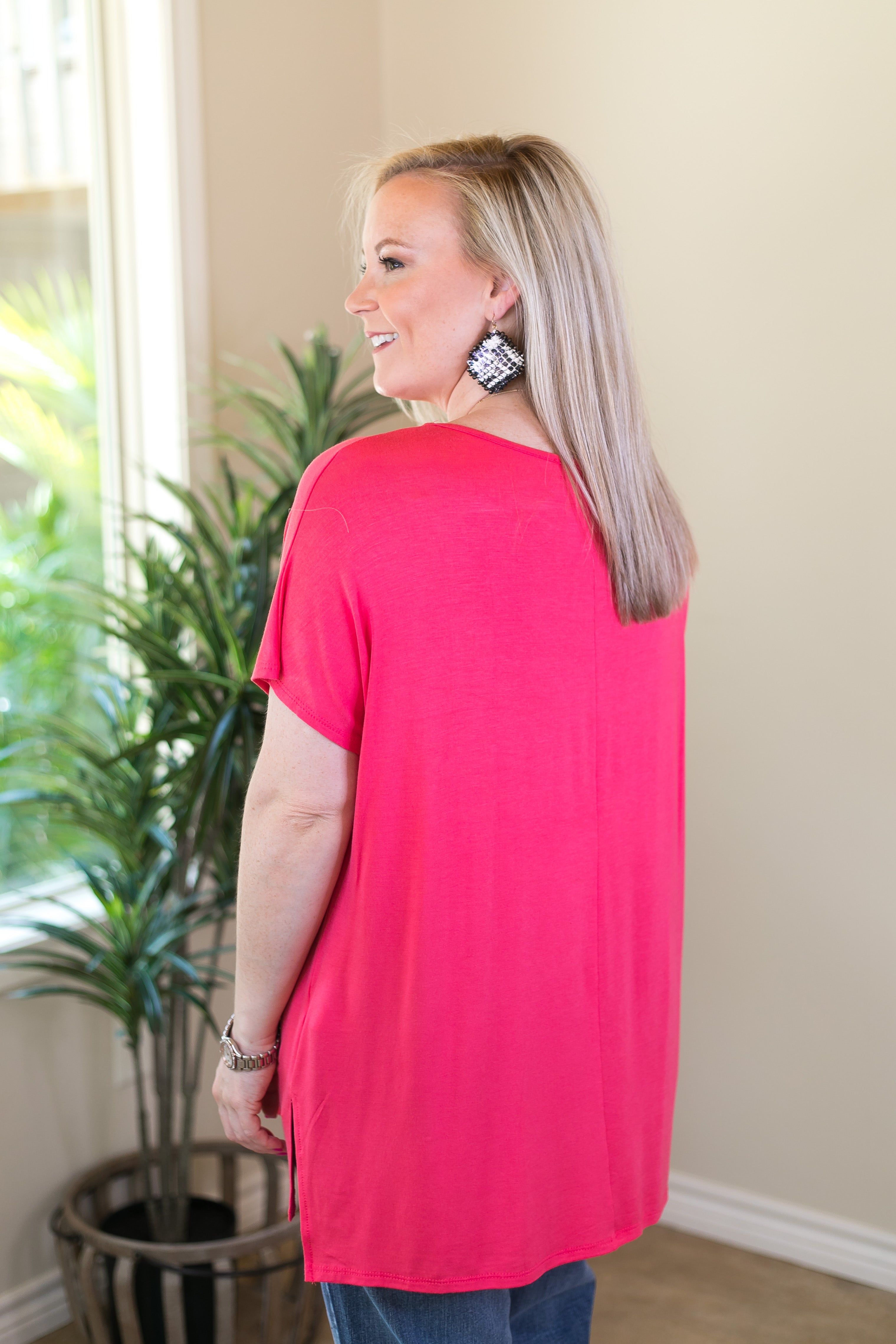 Last Chance Size Small | Everyday Basics Drop Sleeve Solid Piko Top in Coral - Giddy Up Glamour Boutique