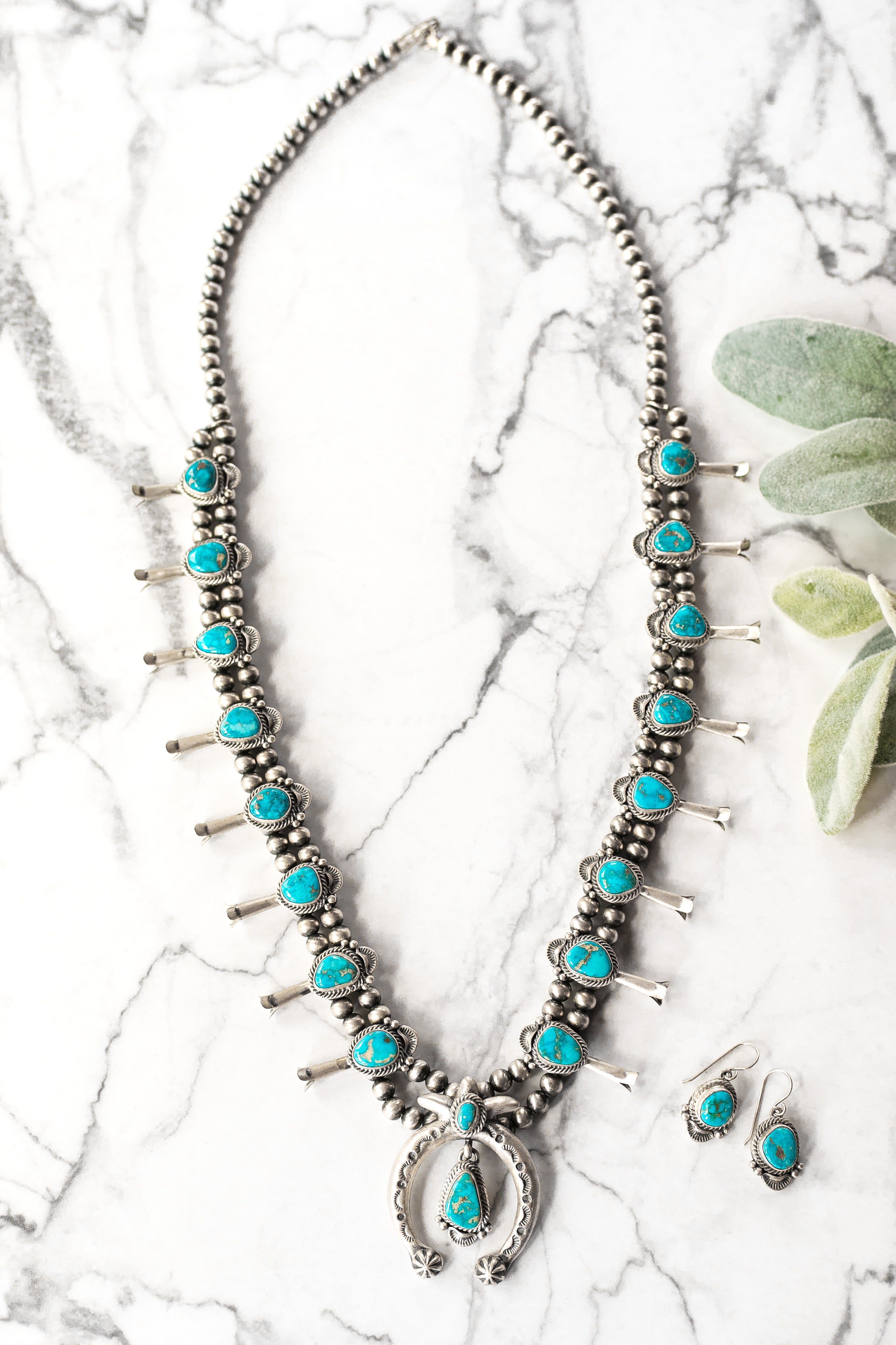 Shirley Henry | Navajo Handmade Sterling Silver & Kingman Turquoise Vintage Squash Blossom Necklace + Matching Earrings - Giddy Up Glamour Boutique