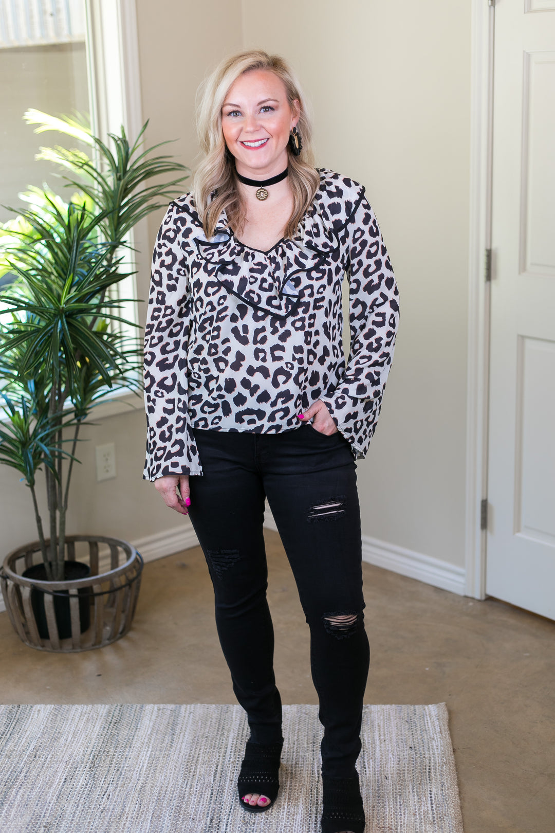 Last Chance Size Small & Med. | Light Me Up Leopard Top with Ruffle Collar in Ivory - Giddy Up Glamour Boutique