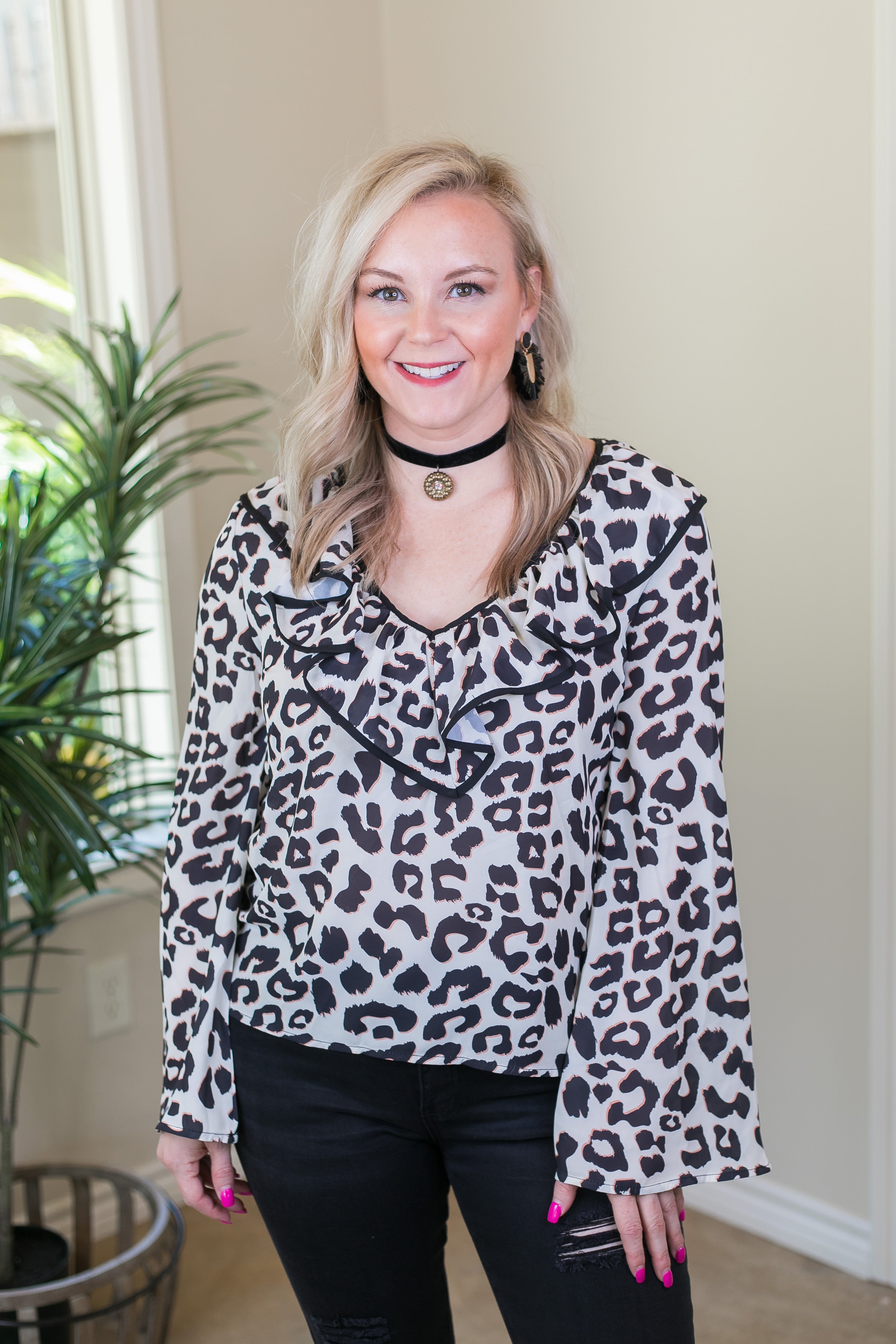Last Chance Size Small & Med. | Light Me Up Leopard Top with Ruffle Collar in Ivory - Giddy Up Glamour Boutique
