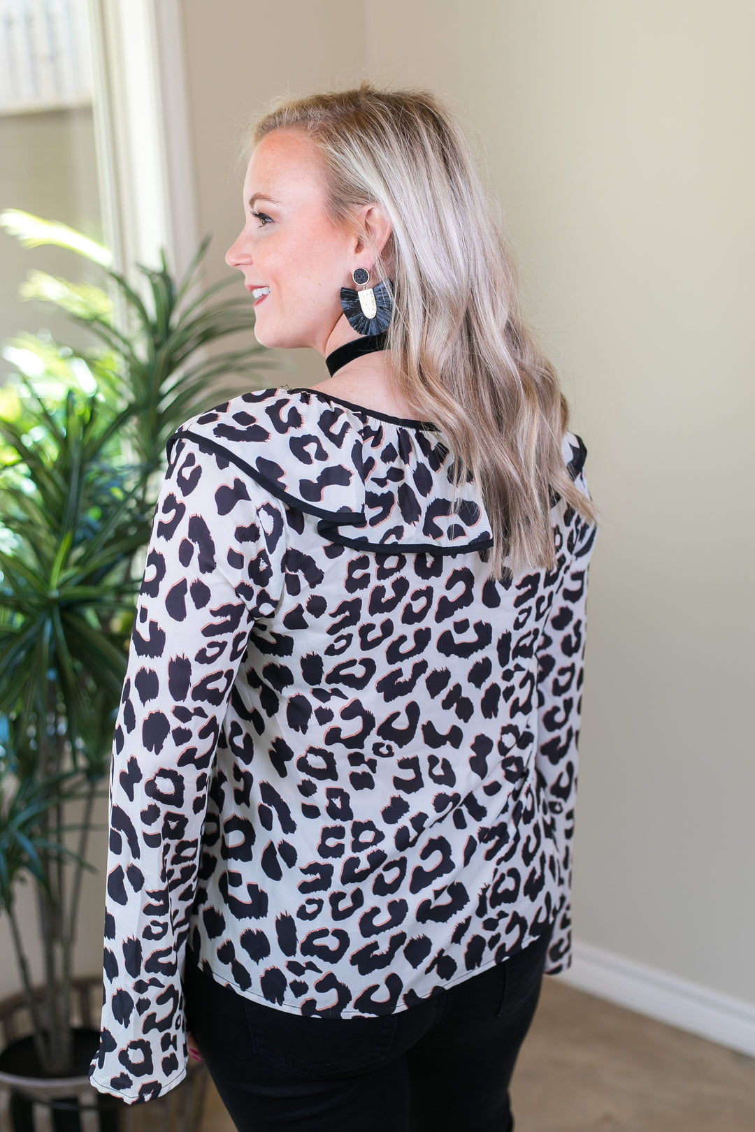 Last Chance Size Small & Med. | Light Me Up Leopard Top with Ruffle Collar in Ivory - Giddy Up Glamour Boutique