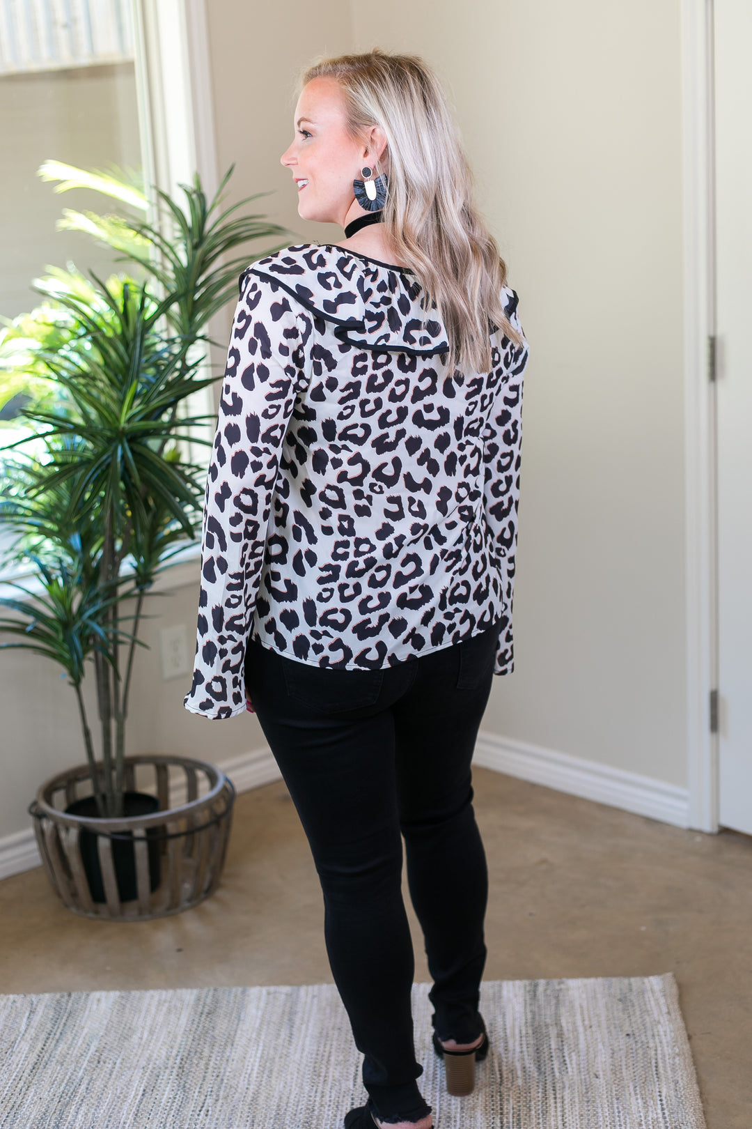 Last Chance Size Small & Med. | Light Me Up Leopard Top with Ruffle Collar in Ivory - Giddy Up Glamour Boutique