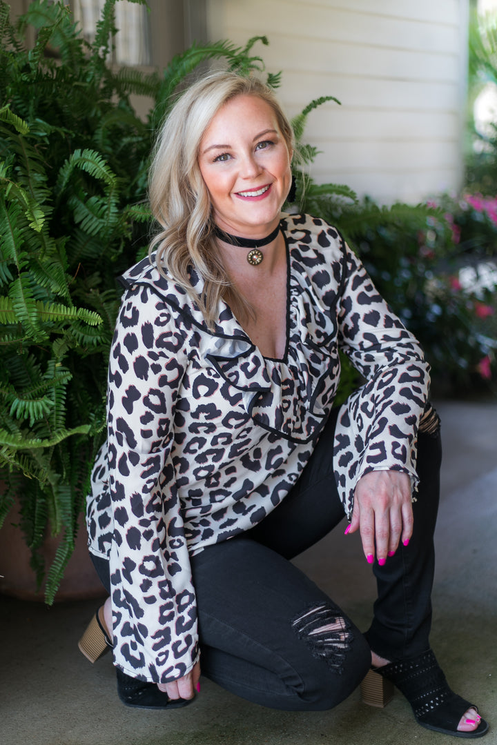 Last Chance Size Small & Med. | Light Me Up Leopard Top with Ruffle Collar in Ivory - Giddy Up Glamour Boutique