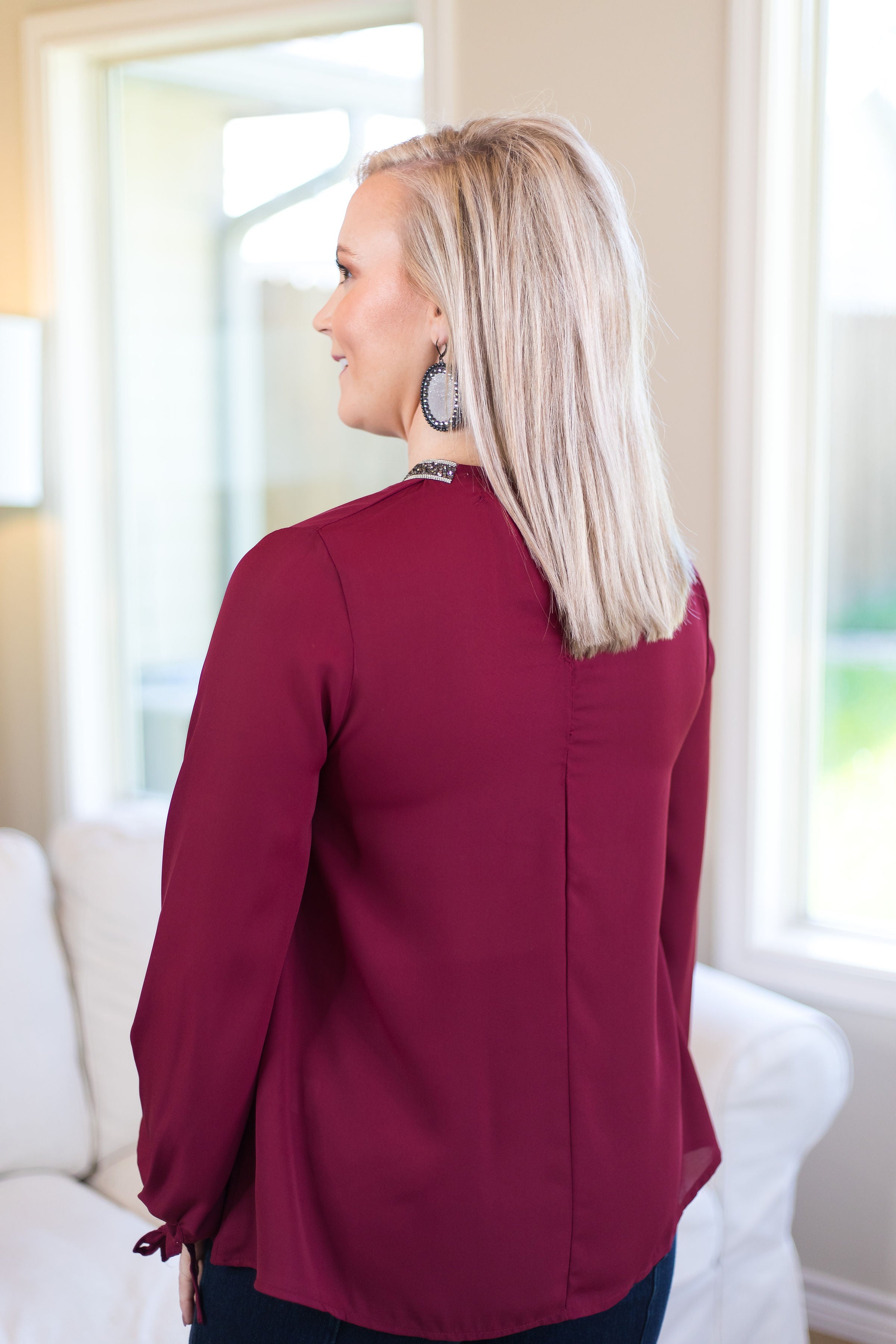 Last Chance Size Small | Glimmer in the Night Blouse with Beaded Neckline in Maroon - Giddy Up Glamour Boutique