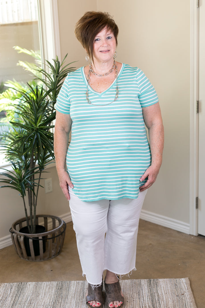 Simply The Best Striped V Neck Short Sleeve Tee Shirt in Mint - Giddy Up Glamour Boutique