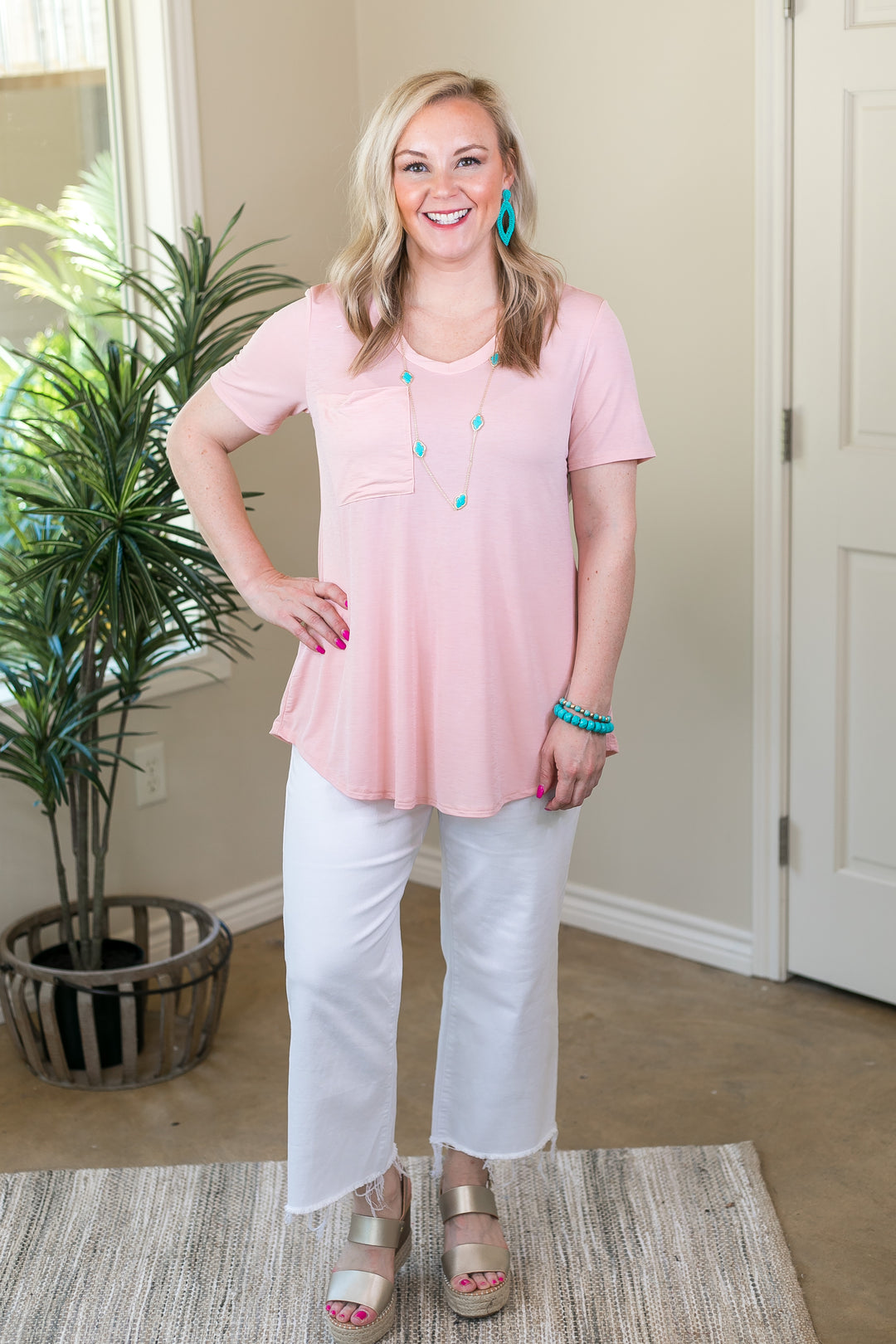Just Right Short Sleeve Pocket Tee in Blush Pink - Giddy Up Glamour Boutique