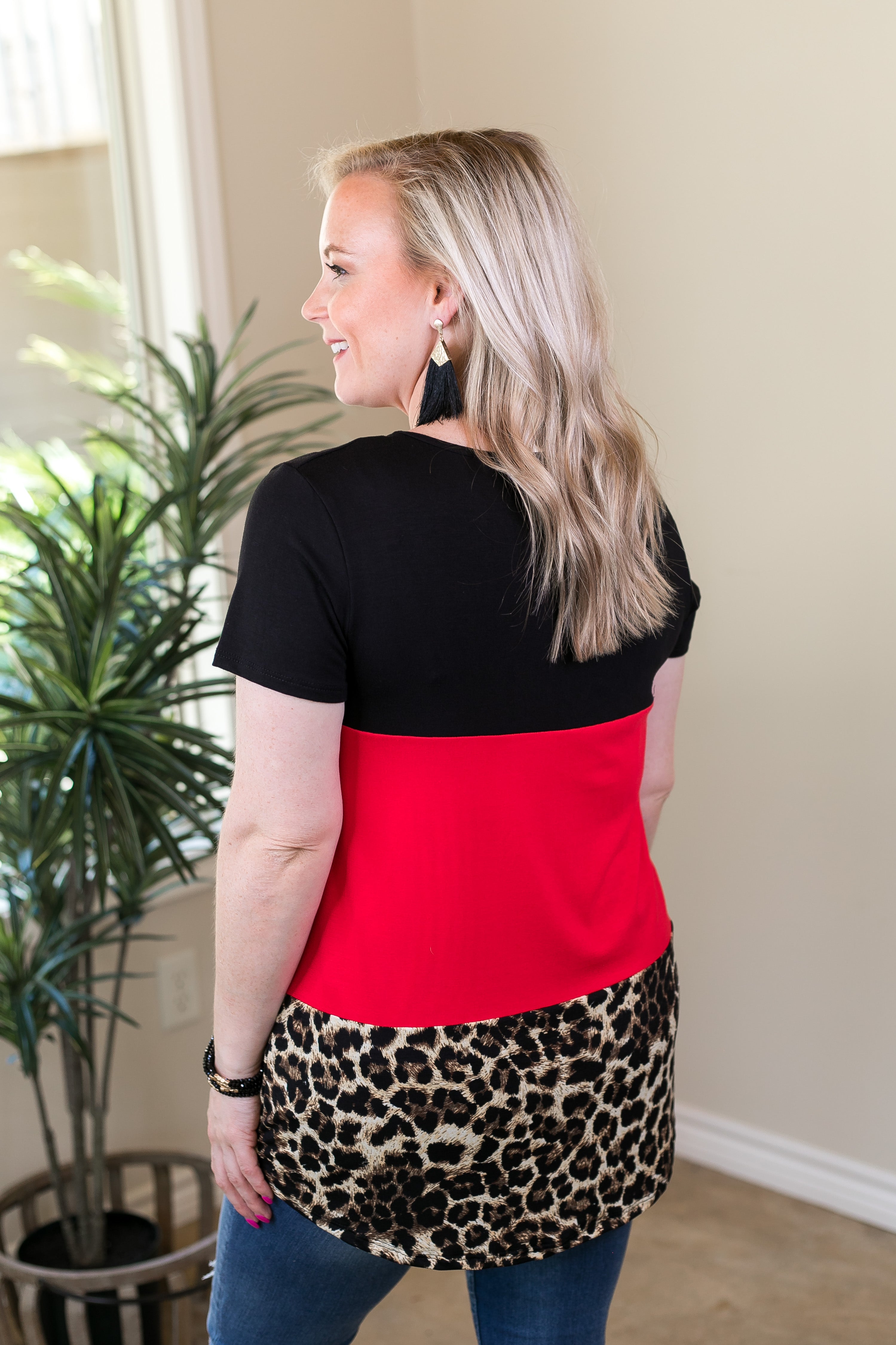 Look At Me Now Leopard Print Color Block Top with Sequin Pocket in Red - Giddy Up Glamour Boutique