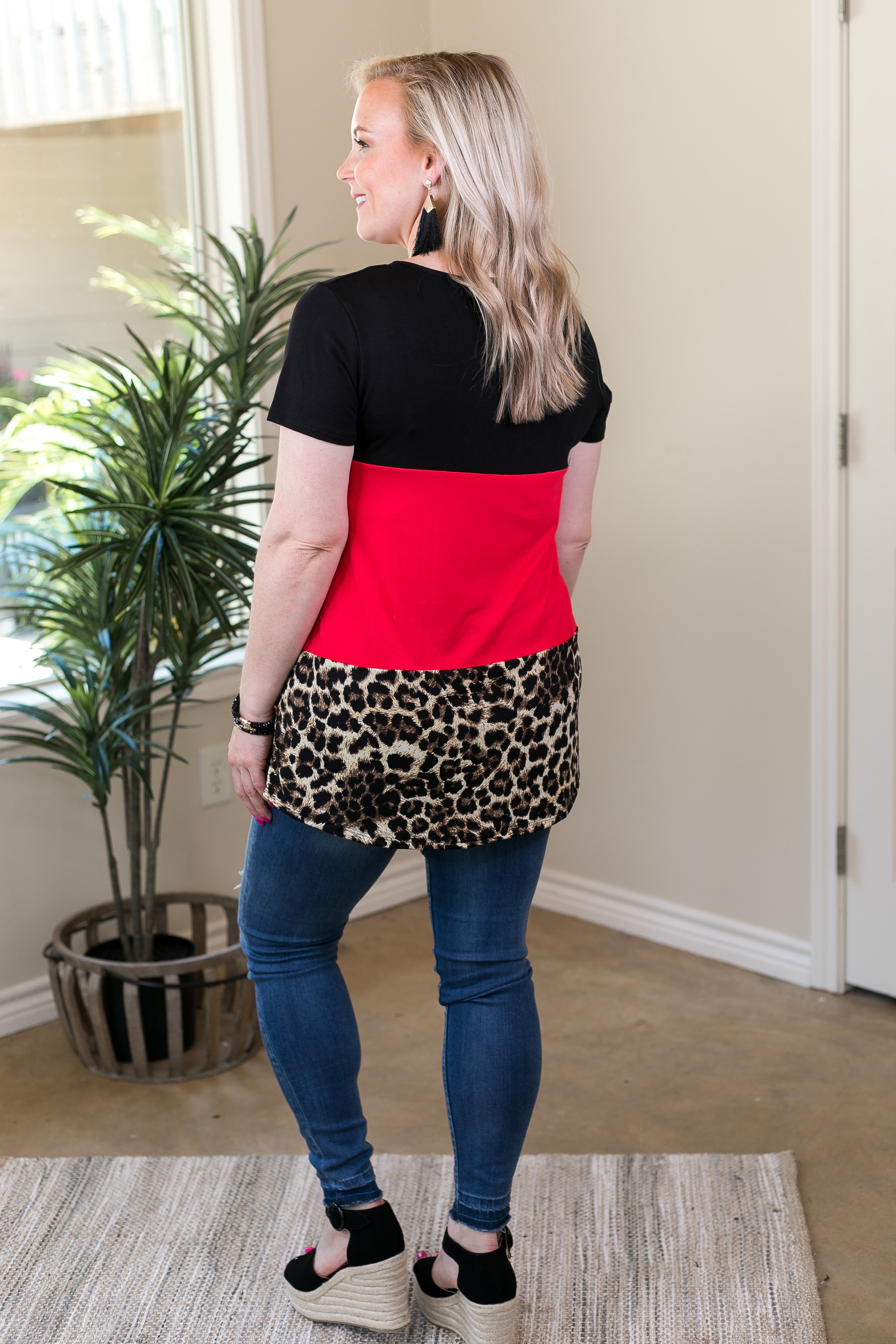 Look At Me Now Leopard Print Color Block Top with Sequin Pocket in Red - Giddy Up Glamour Boutique
