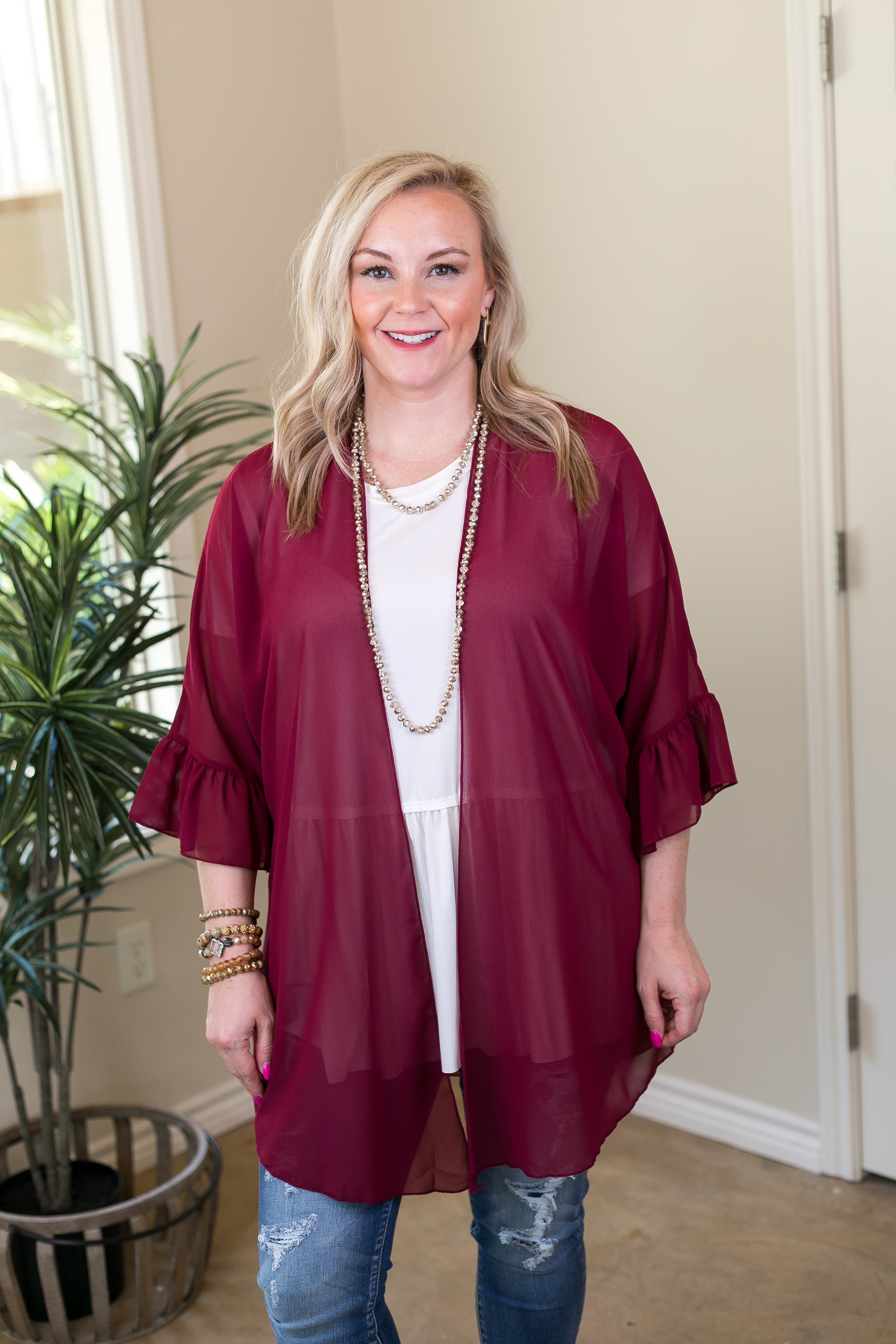 Tell Me About It Sheer Kimono with Ruffle Sleeves in Maroon - Giddy Up Glamour Boutique