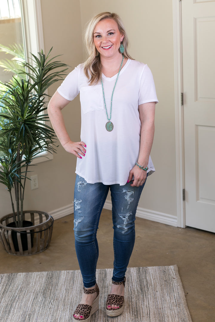 Just Right Short Sleeve Pocket Tee in White - Giddy Up Glamour Boutique