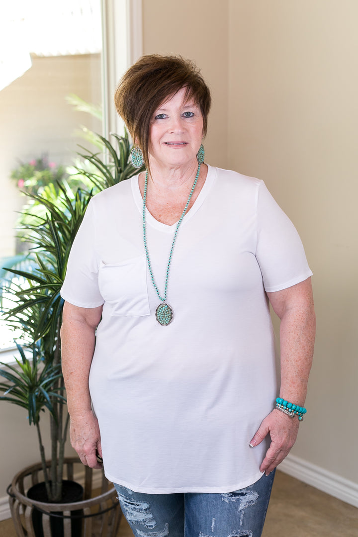 Just Right Short Sleeve Pocket Tee in White - Giddy Up Glamour Boutique