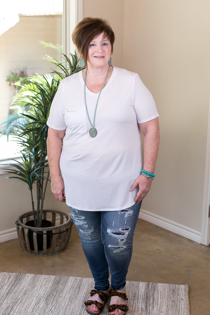 Just Right Short Sleeve Pocket Tee in White - Giddy Up Glamour Boutique