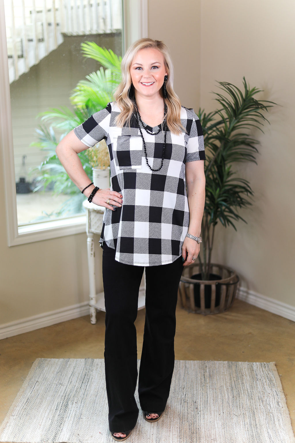 Last Chance Size Small & Medium | Just Right Short Sleeve Buffalo Plaid Print Pocket Tee in White - Giddy Up Glamour Boutique