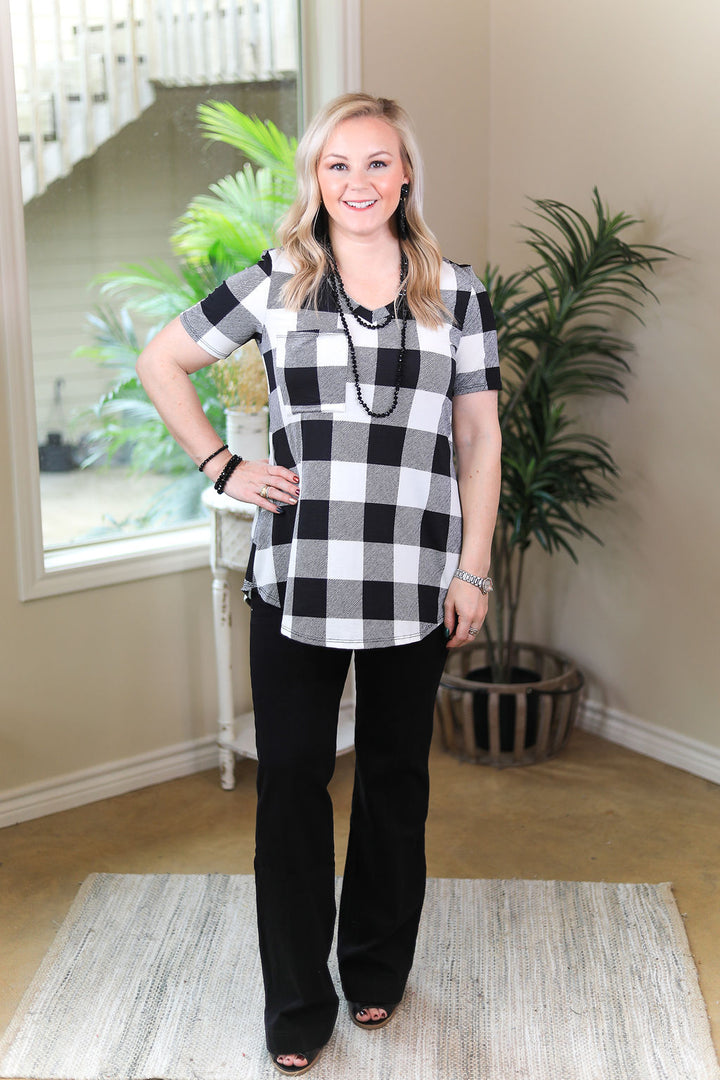Last Chance Size Small & Medium | Just Right Short Sleeve Buffalo Plaid Print Pocket Tee in White - Giddy Up Glamour Boutique