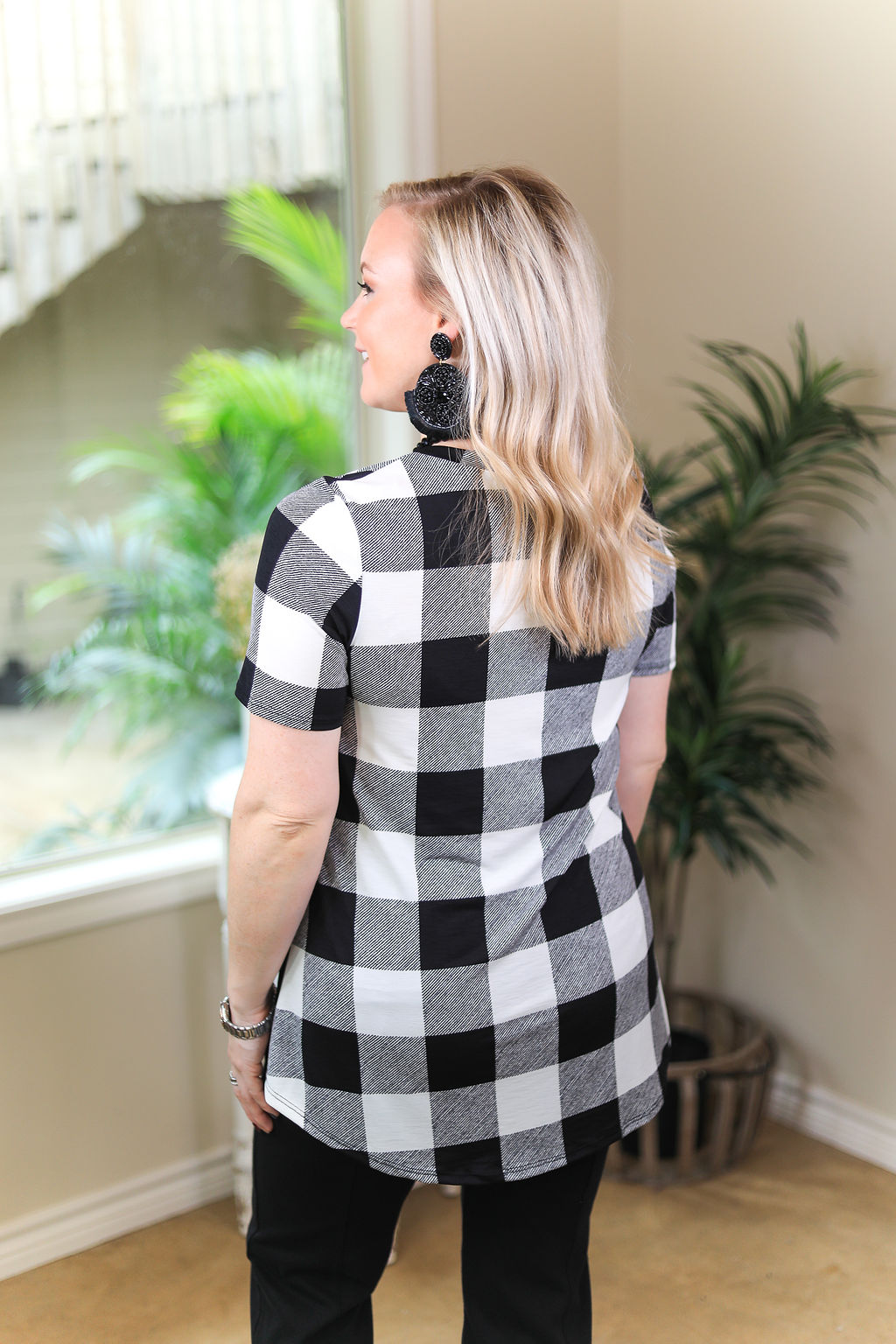 Last Chance Size Small & Medium | Just Right Short Sleeve Buffalo Plaid Print Pocket Tee in White - Giddy Up Glamour Boutique