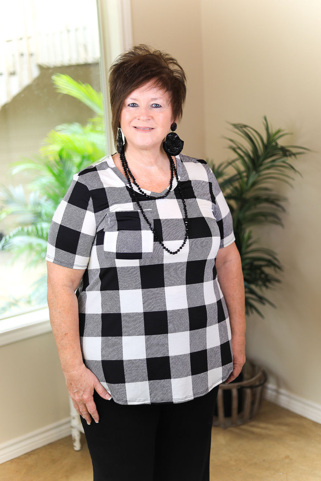 Last Chance Size Small & Medium | Just Right Short Sleeve Buffalo Plaid Print Pocket Tee in White - Giddy Up Glamour Boutique