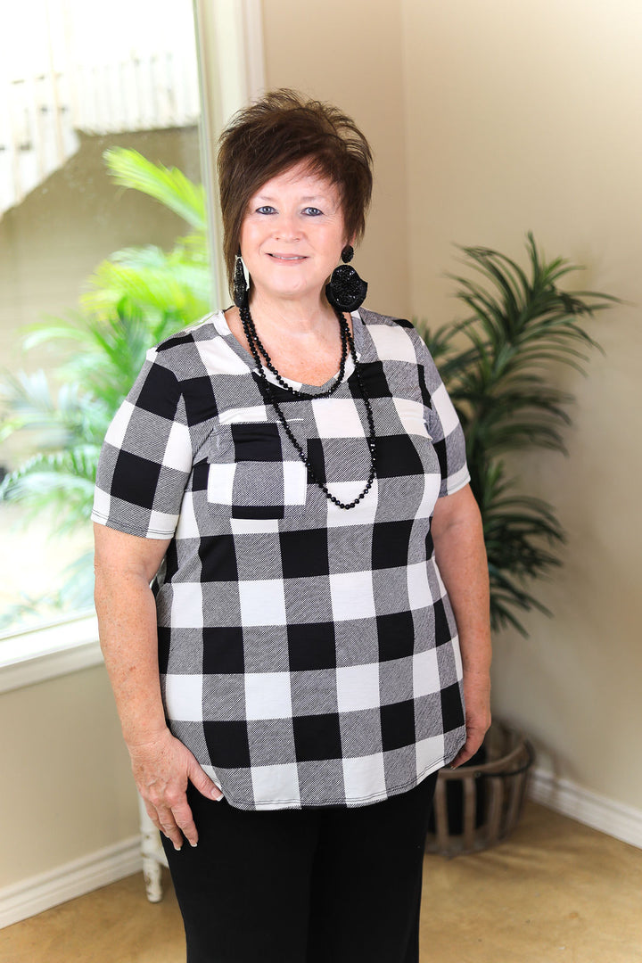 Last Chance Size Small & Medium | Just Right Short Sleeve Buffalo Plaid Print Pocket Tee in White - Giddy Up Glamour Boutique
