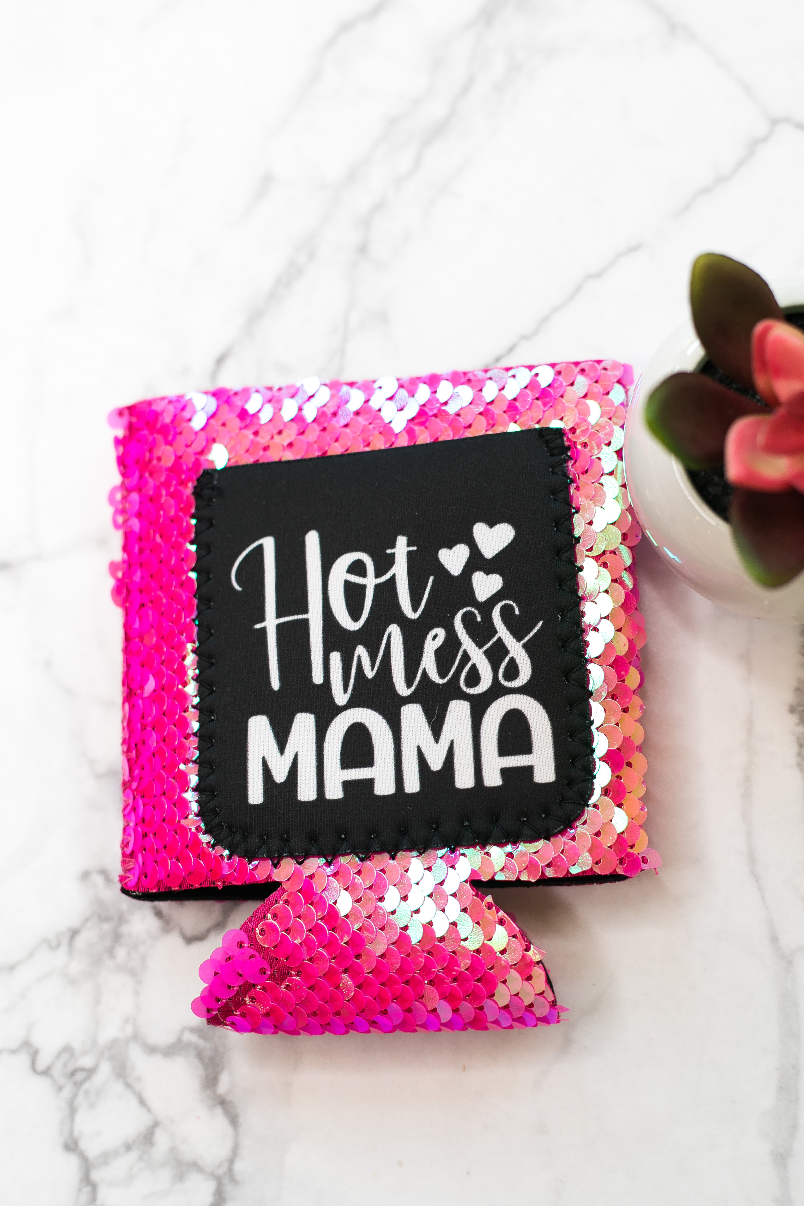 Hot Mess Mama Hot Pink Sequin Pocket Koozie - Giddy Up Glamour Boutique