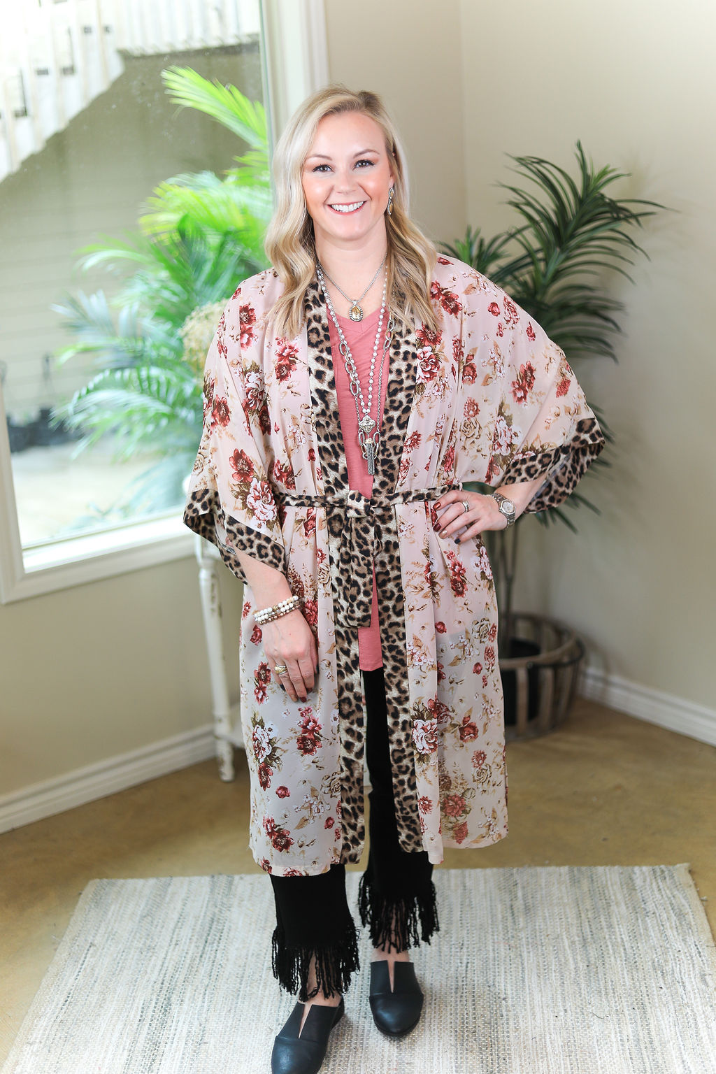 Last Chance Size Small | On My Mind Sheer Floral Print Kimono with Leopard Print Trim in Ivory - Giddy Up Glamour Boutique