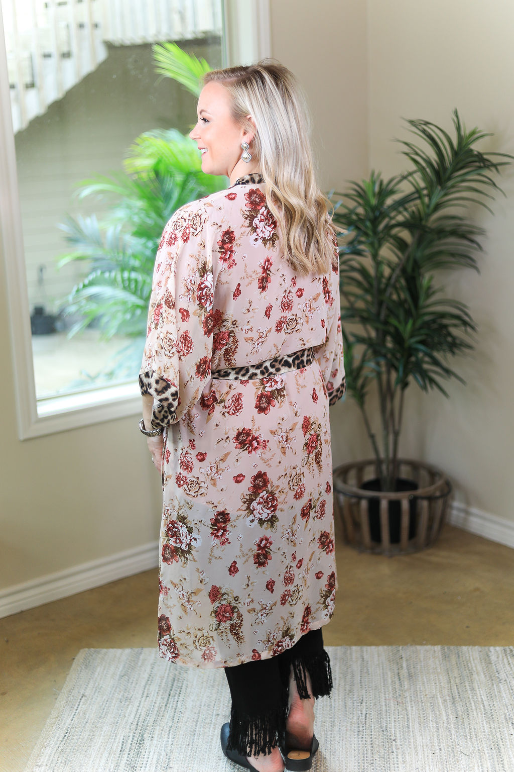 Last Chance Size Small | On My Mind Sheer Floral Print Kimono with Leopard Print Trim in Ivory - Giddy Up Glamour Boutique