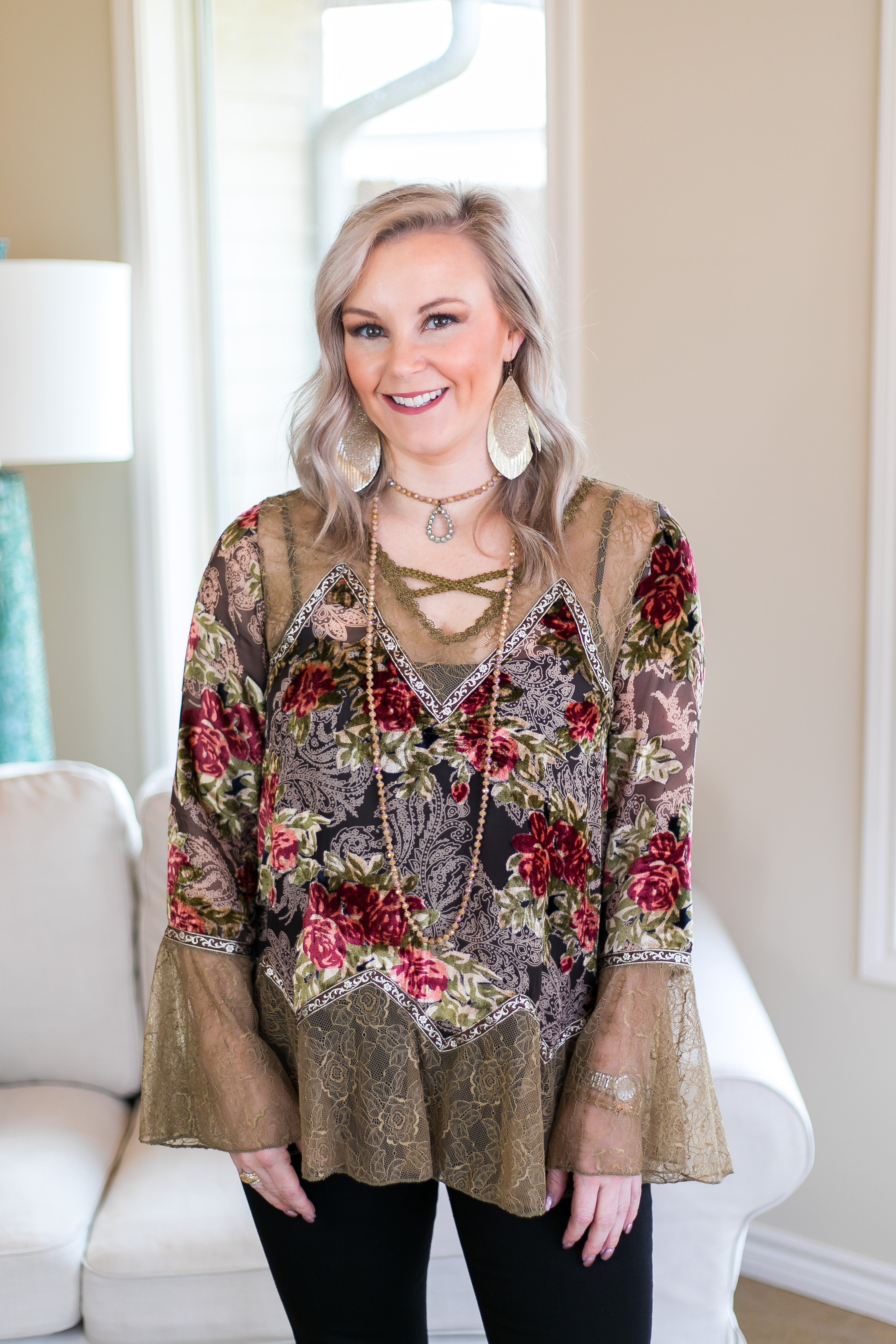 Last Chance Size Small | She's Fancy Floral Velvet and Lace Top in Sage Green - Giddy Up Glamour Boutique