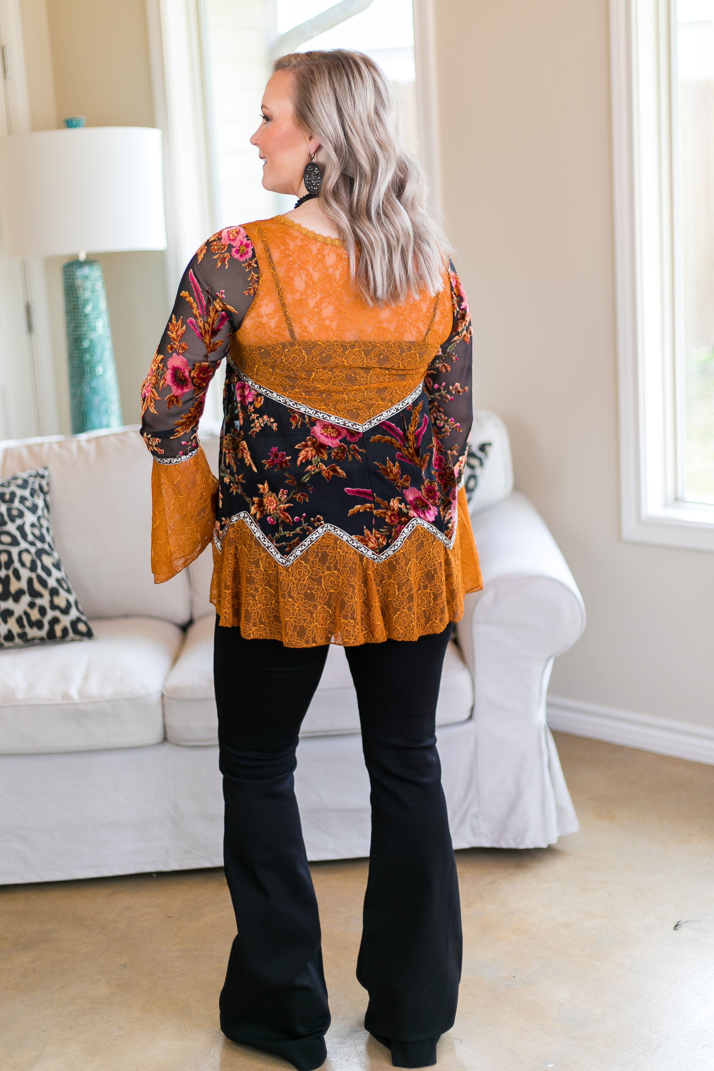 Last Chance Size Small & Med. | She's Fancy Floral Velvet and Lace Top in Rust Orange - Giddy Up Glamour Boutique