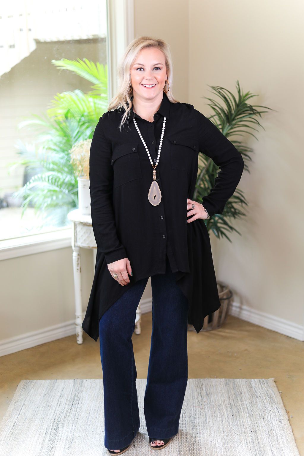Last Chance Size Small & Medium | Right Impression Linen Button Up Handkerchief Tunic in Black - Giddy Up Glamour Boutique