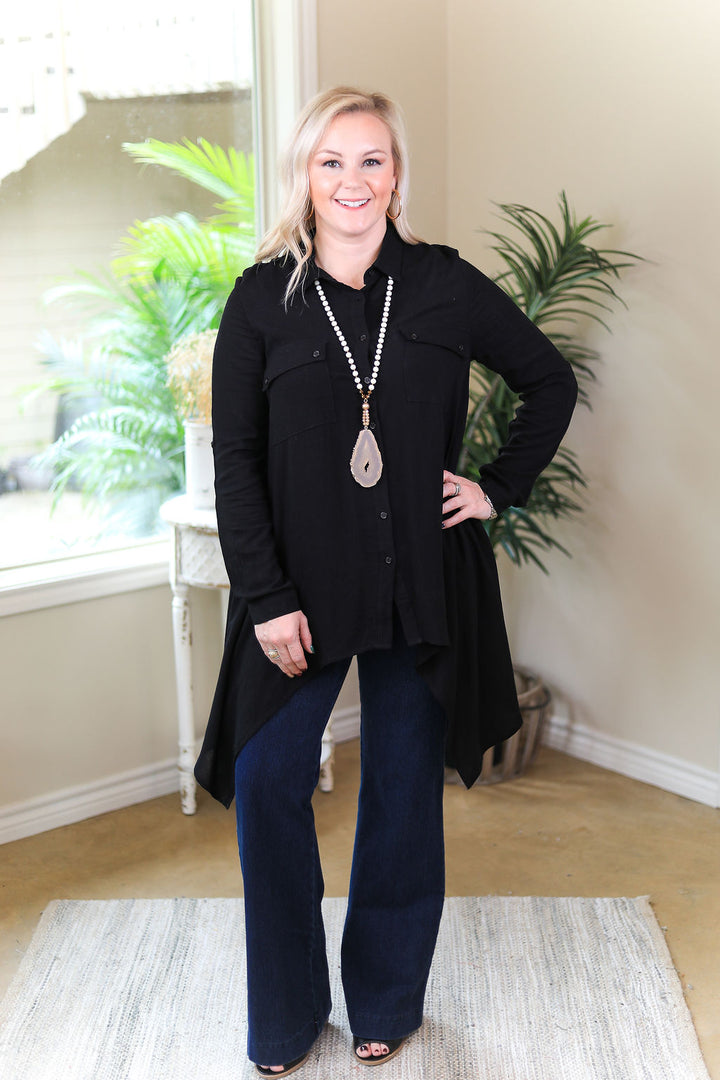 Last Chance Size Small & Medium | Right Impression Linen Button Up Handkerchief Tunic in Black - Giddy Up Glamour Boutique