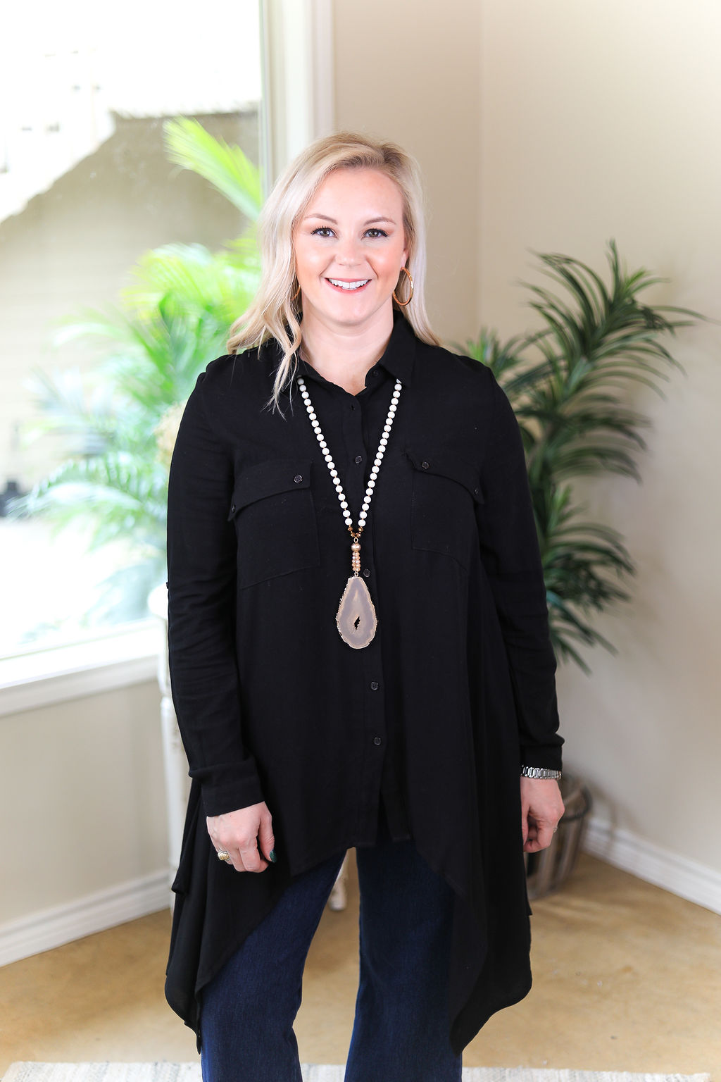Last Chance Size Small & Medium | Right Impression Linen Button Up Handkerchief Tunic in Black - Giddy Up Glamour Boutique