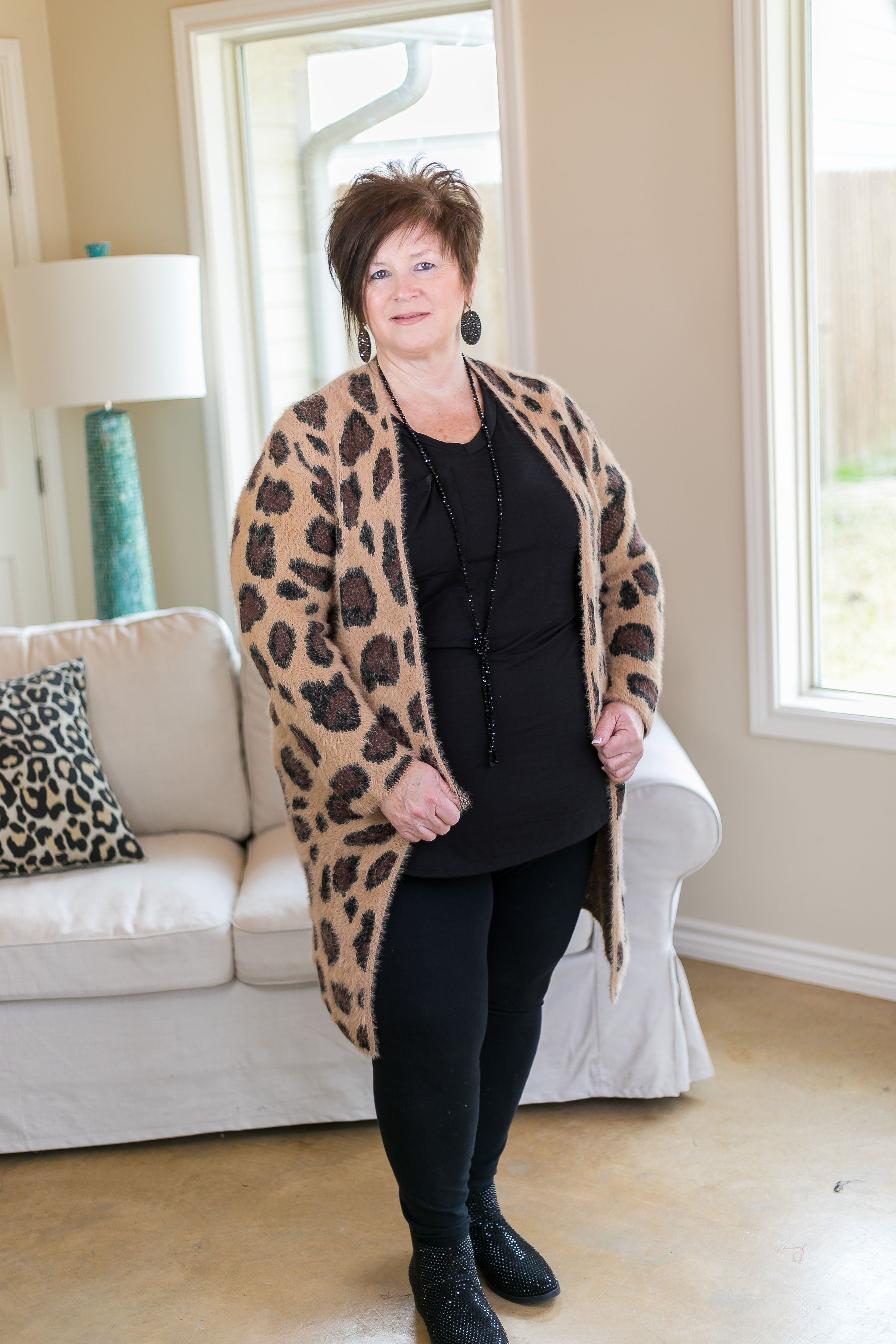 Cozy Chic Leopard Eyelash Cardigan in Camel - Giddy Up Glamour Boutique