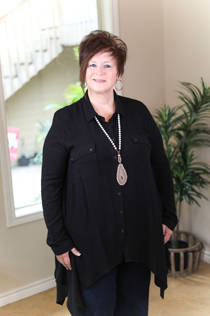 Last Chance Size Small & Medium | Right Impression Linen Button Up Handkerchief Tunic in Black - Giddy Up Glamour Boutique
