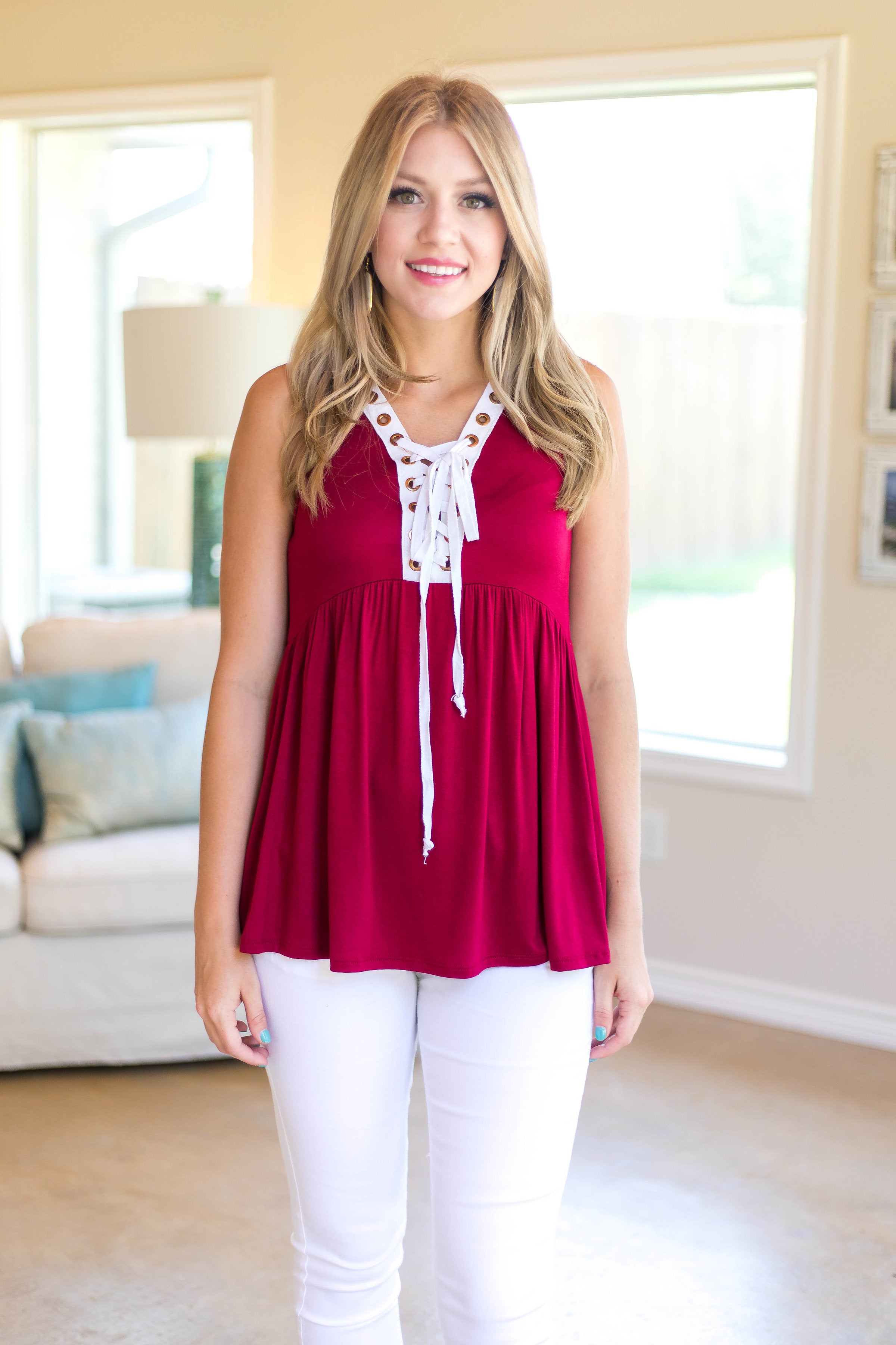 Last Chance Size Small | Standout Style Lace Up Tank Top in Maroon - Giddy Up Glamour Boutique