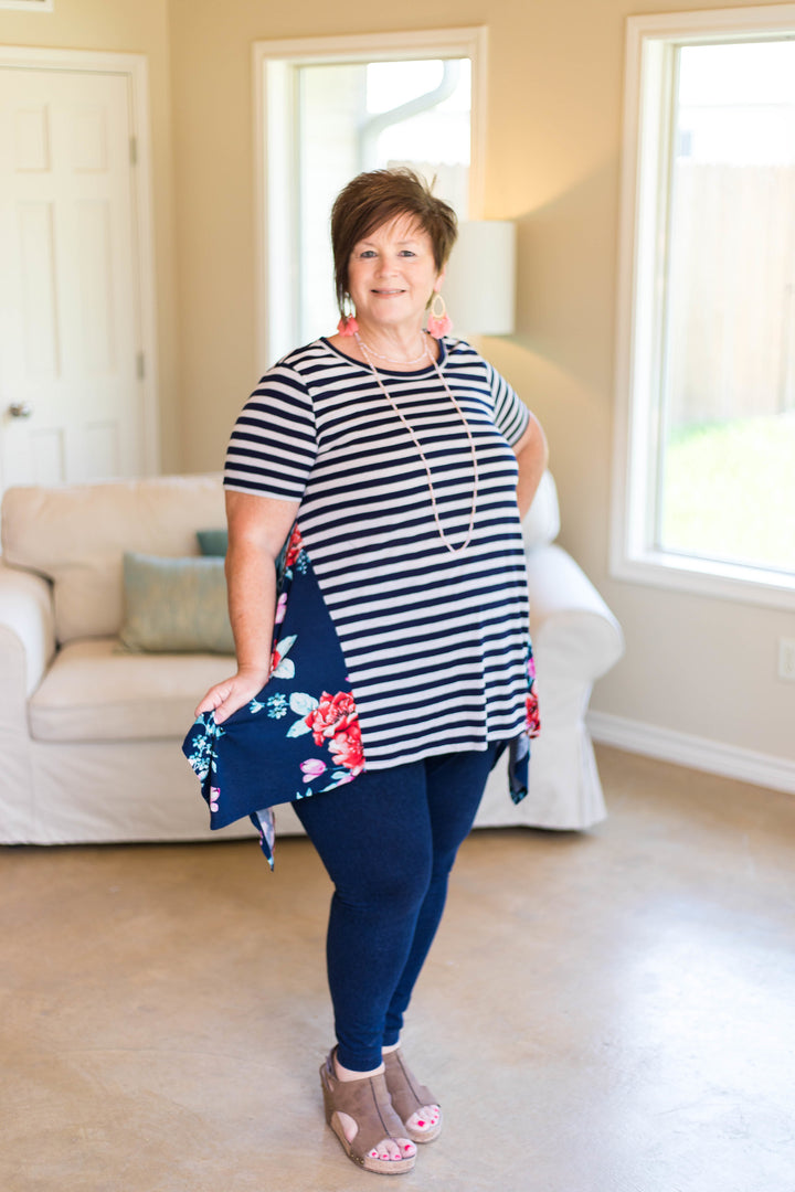 Last Chance Size 1XL & 2XL | Right This Time Striped Trapeze Top with Floral Sides in Navy Blue - Giddy Up Glamour Boutique
