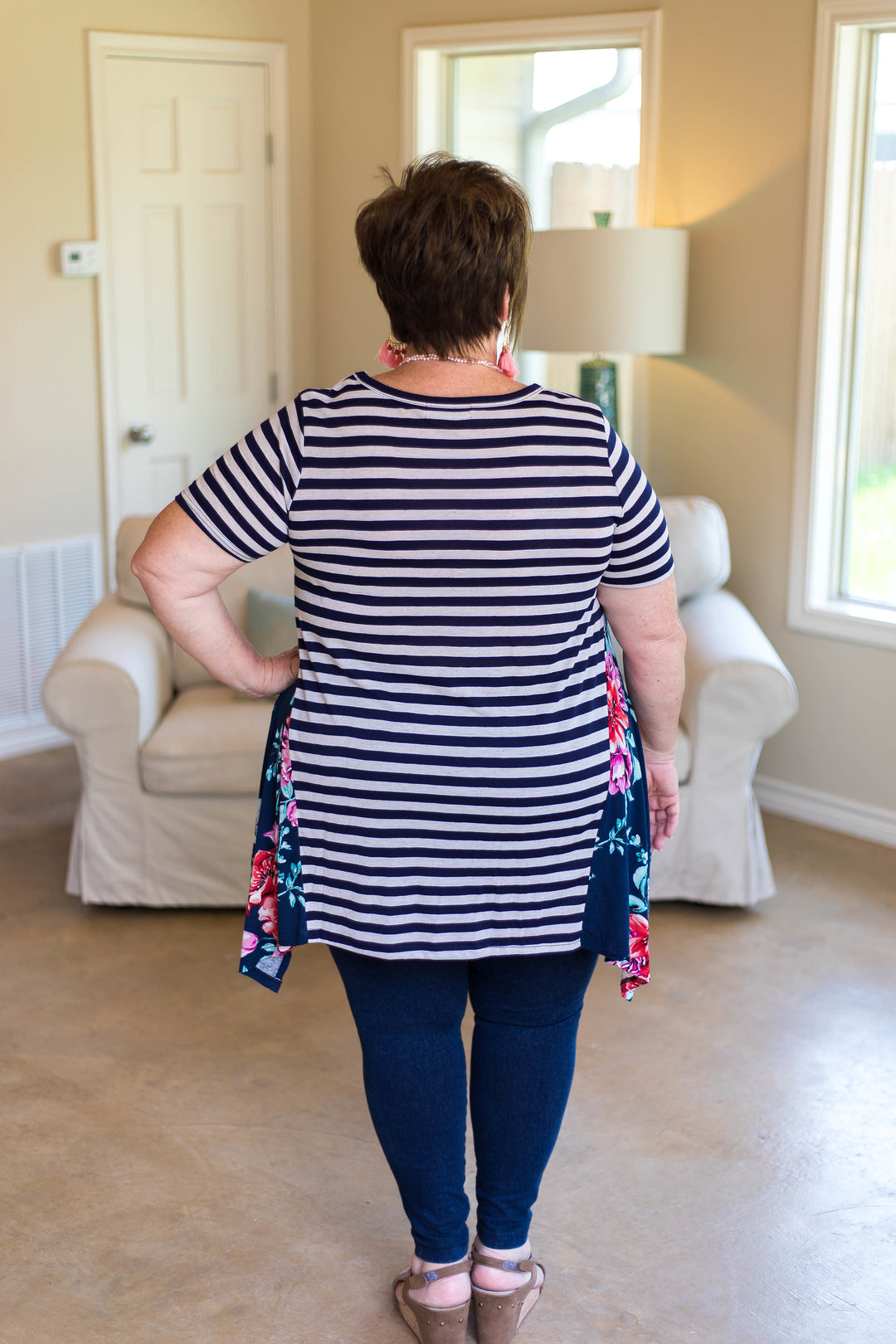 Last Chance Size 1XL & 2XL | Right This Time Striped Trapeze Top with Floral Sides in Navy Blue - Giddy Up Glamour Boutique