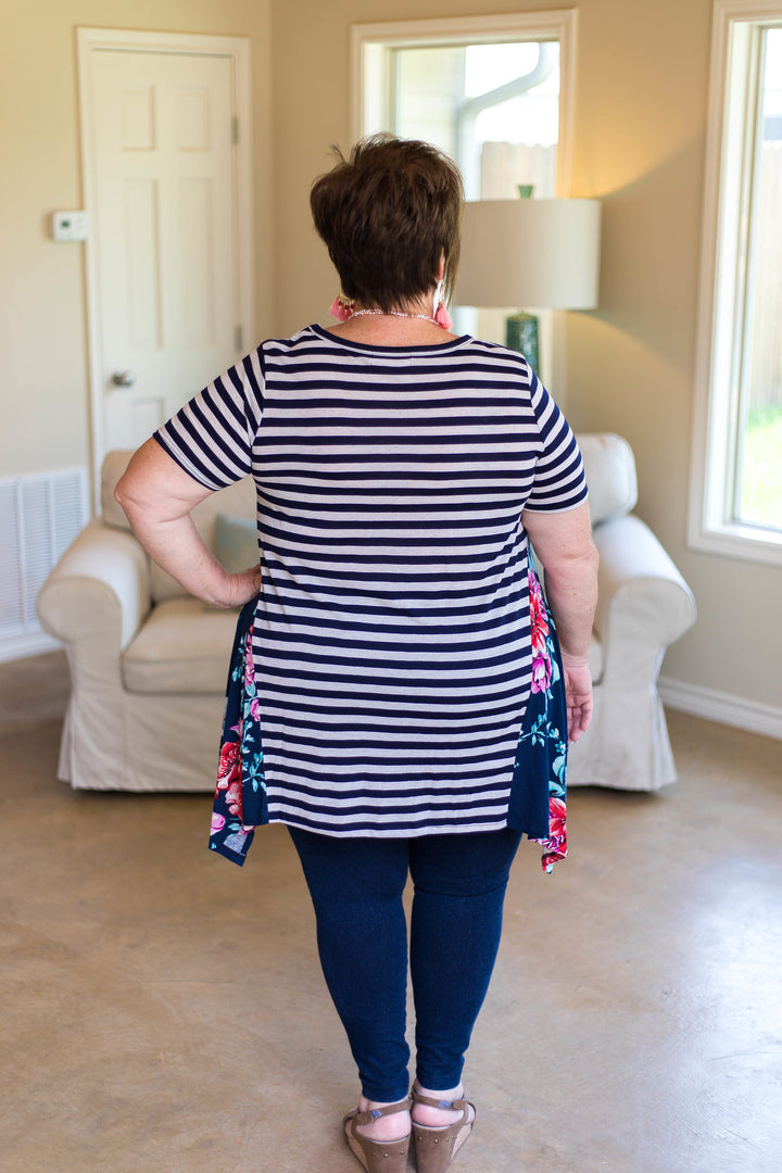 Last Chance Size 1XL & 2XL | Right This Time Striped Trapeze Top with Floral Sides in Navy Blue - Giddy Up Glamour Boutique