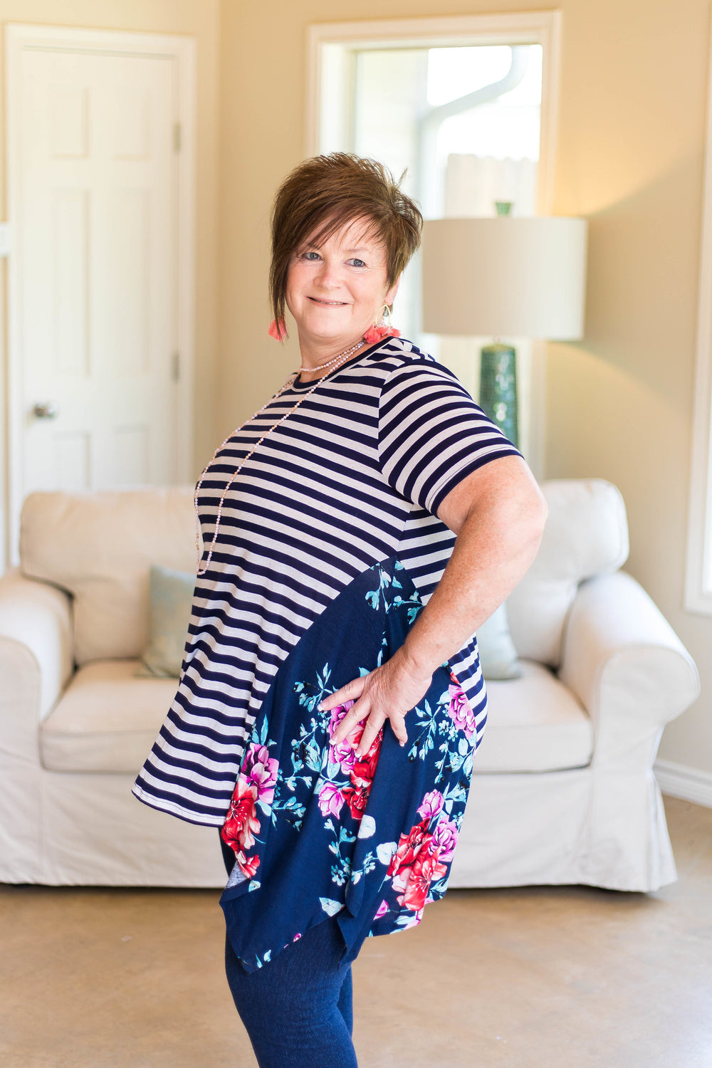 Last Chance Size 1XL & 2XL | Right This Time Striped Trapeze Top with Floral Sides in Navy Blue - Giddy Up Glamour Boutique