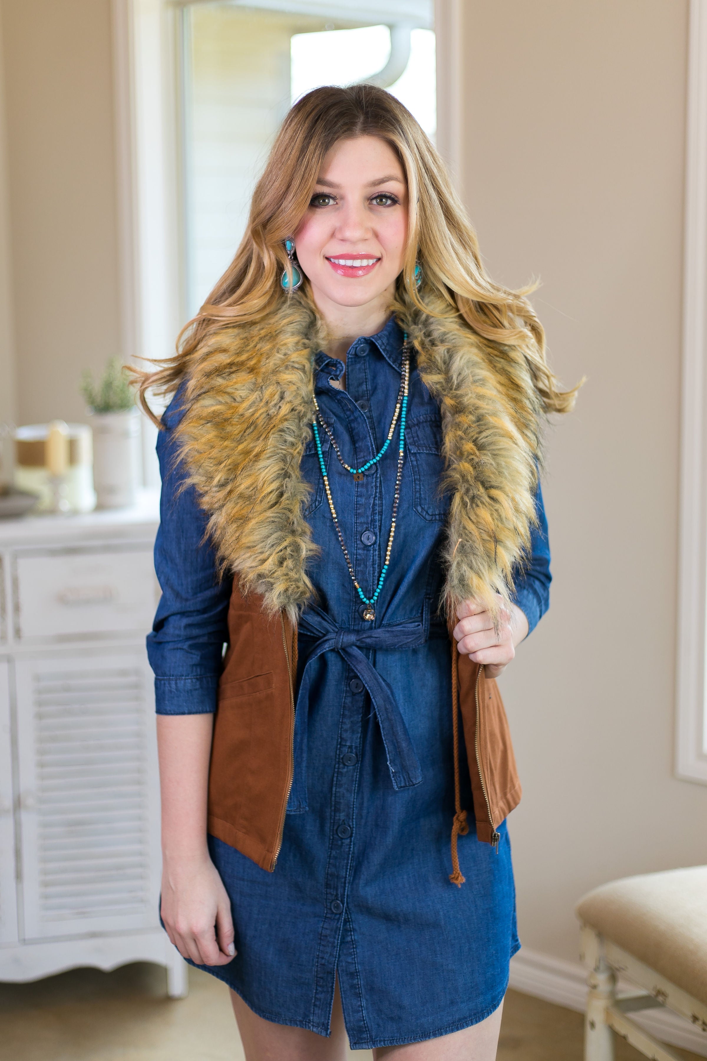Last Chance Size Small | Leaving Behind Vest with Removable Faux Fur Trim in Camel - Giddy Up Glamour Boutique